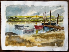 Walberswick Tidal Creek with Moored Dinghies Suffolk Watercolor by Tony Herbert