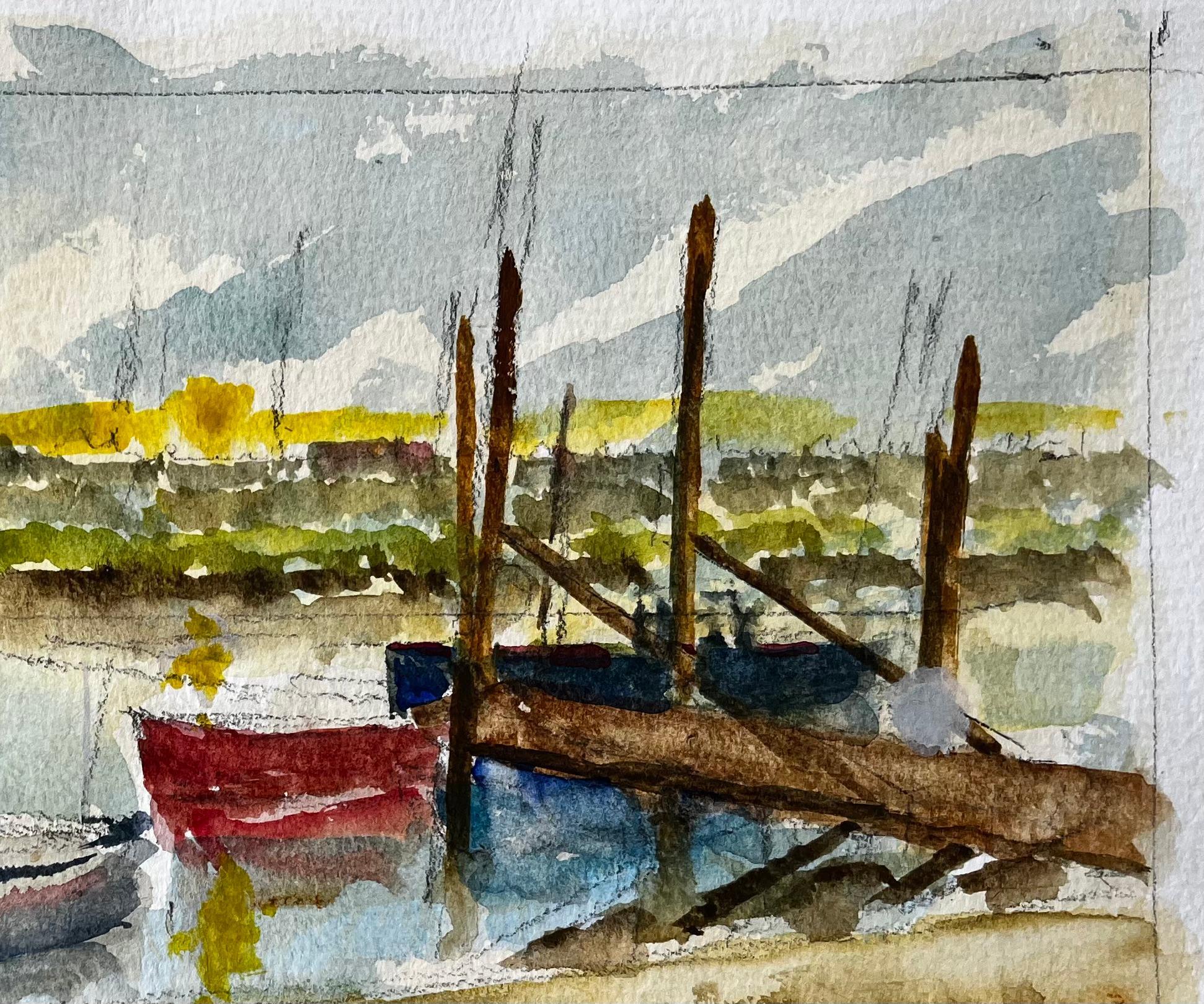 Walberswick Tidal Creek with Moored Dinghies Suffolk Watercolor by Tony Herbert - Impressionist Painting by Anthony Herbert