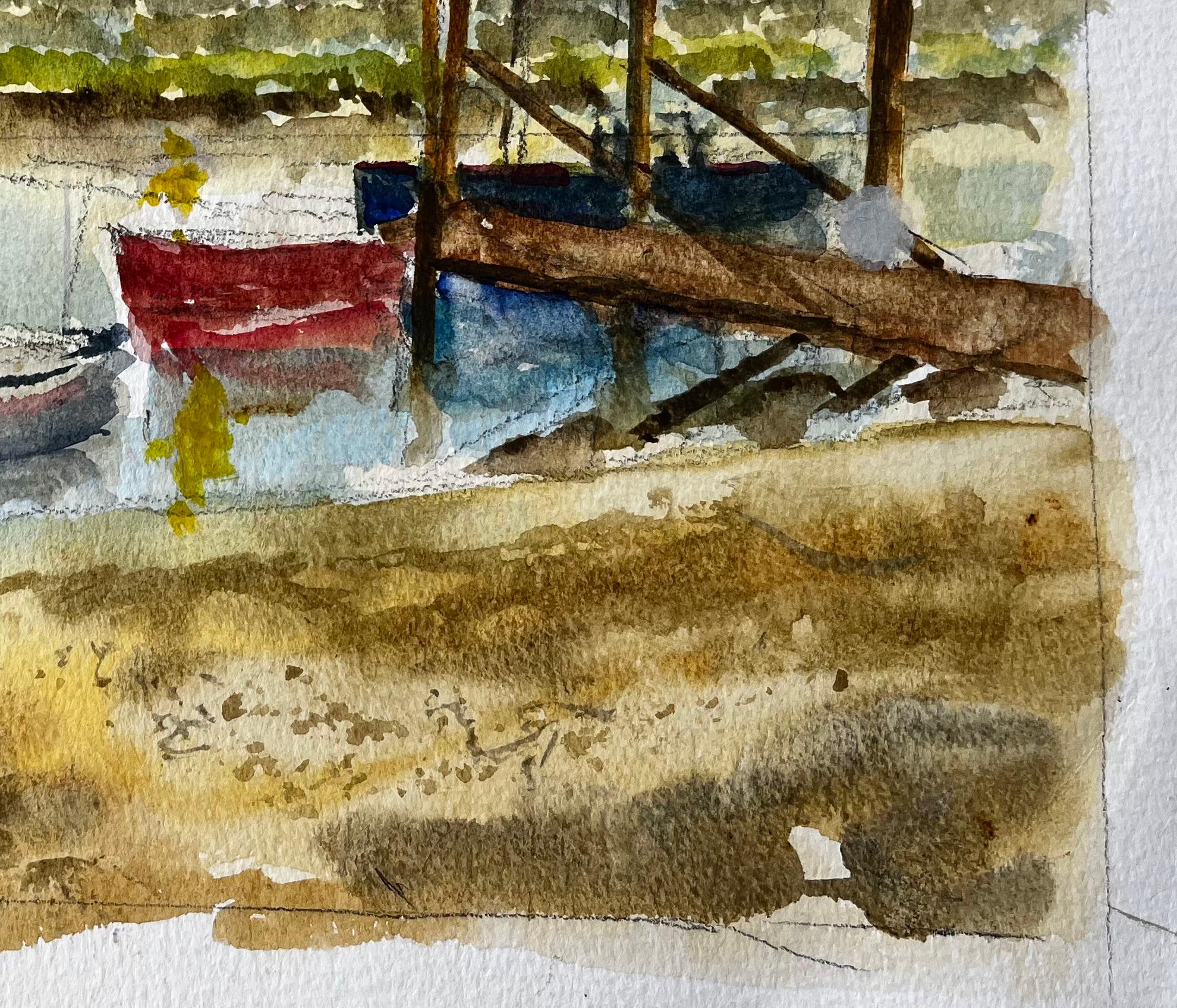 Walberswick Tidal Creek with Moored Dinghies Suffolk Watercolor by Tony Herbert - Brown Landscape Painting by Anthony Herbert