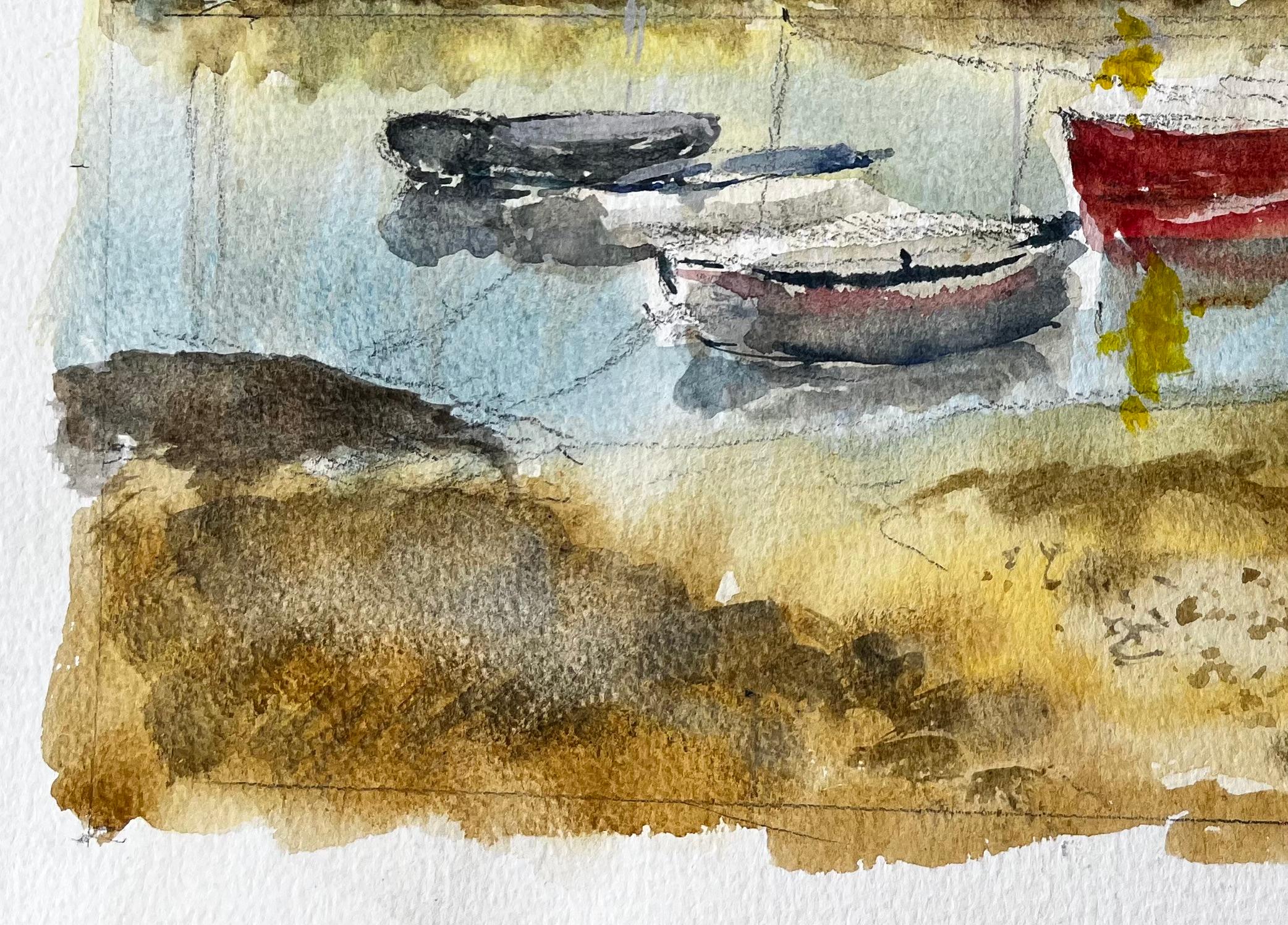 Title: Walberswick Tidal Creek with Moored Dinghies Suffolk Watercolor by Tony Herbert
By Tony Herbert (1927-2024)
Medium: Watercolor on artists paper
Size: 9.75 x 13.75 inches
Condition: Good overall; minor corner wear and subtle warping to paper
