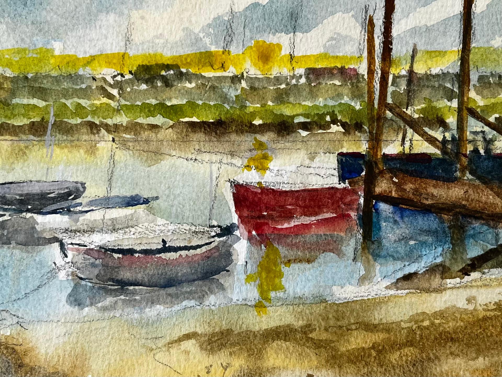 Walberswick Tidal Creek with Moored Dinghies Suffolk Watercolor by Tony Herbert For Sale 2