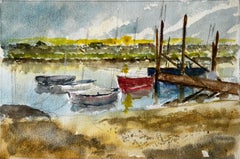 Walberswick Tidal Creek with Moored Dinghies Suffolk Watercolor by Tony Herbert