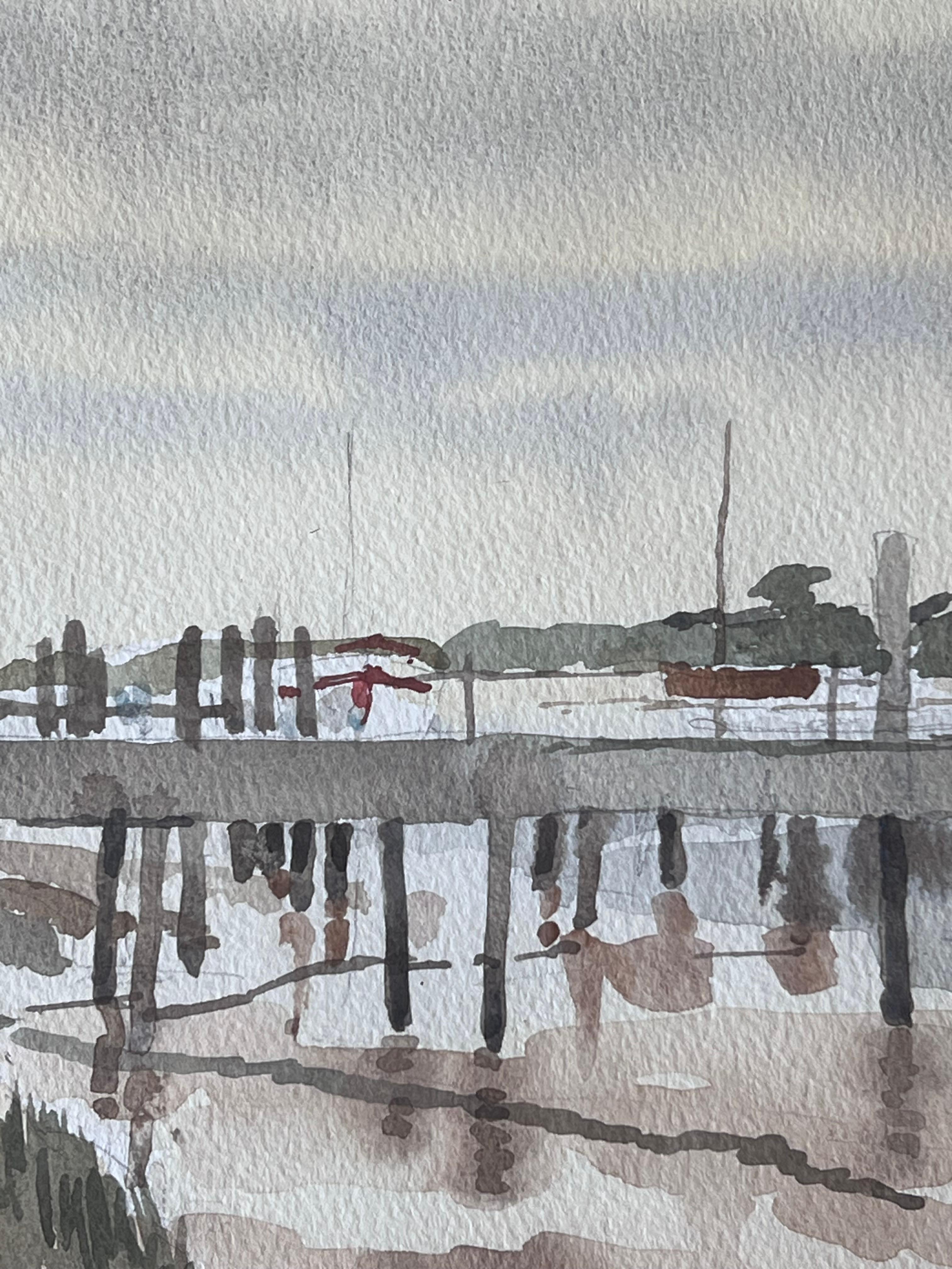 Walberswick Tidal Estuary with a Long Wooden Pier Stretching Across the Mudflats - Impressionist Art by Anthony Herbert