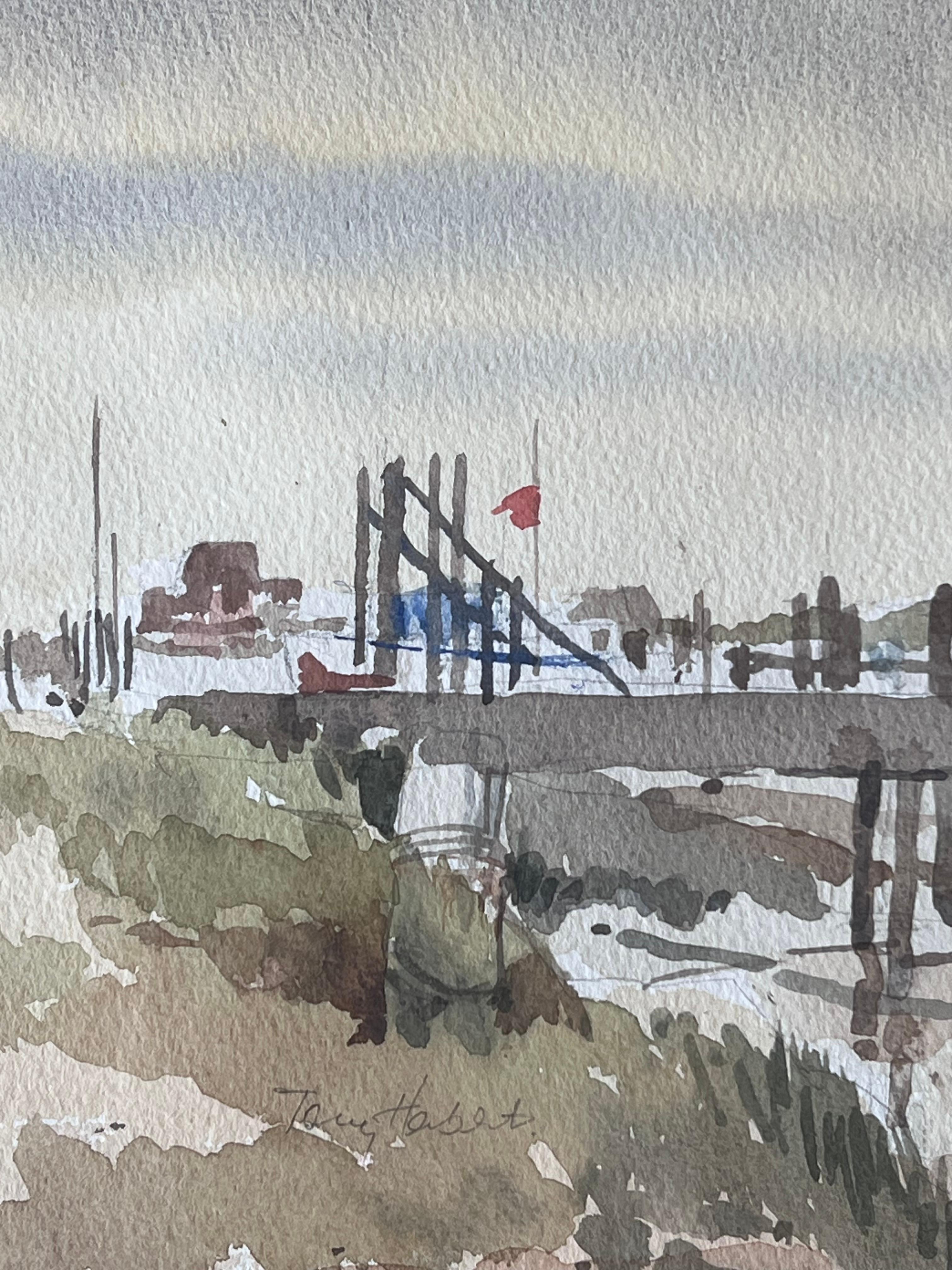 Walberswick Tidal Estuary with a Long Wooden Pier Stretching Across the Mudflats - Gray Landscape Art by Anthony Herbert