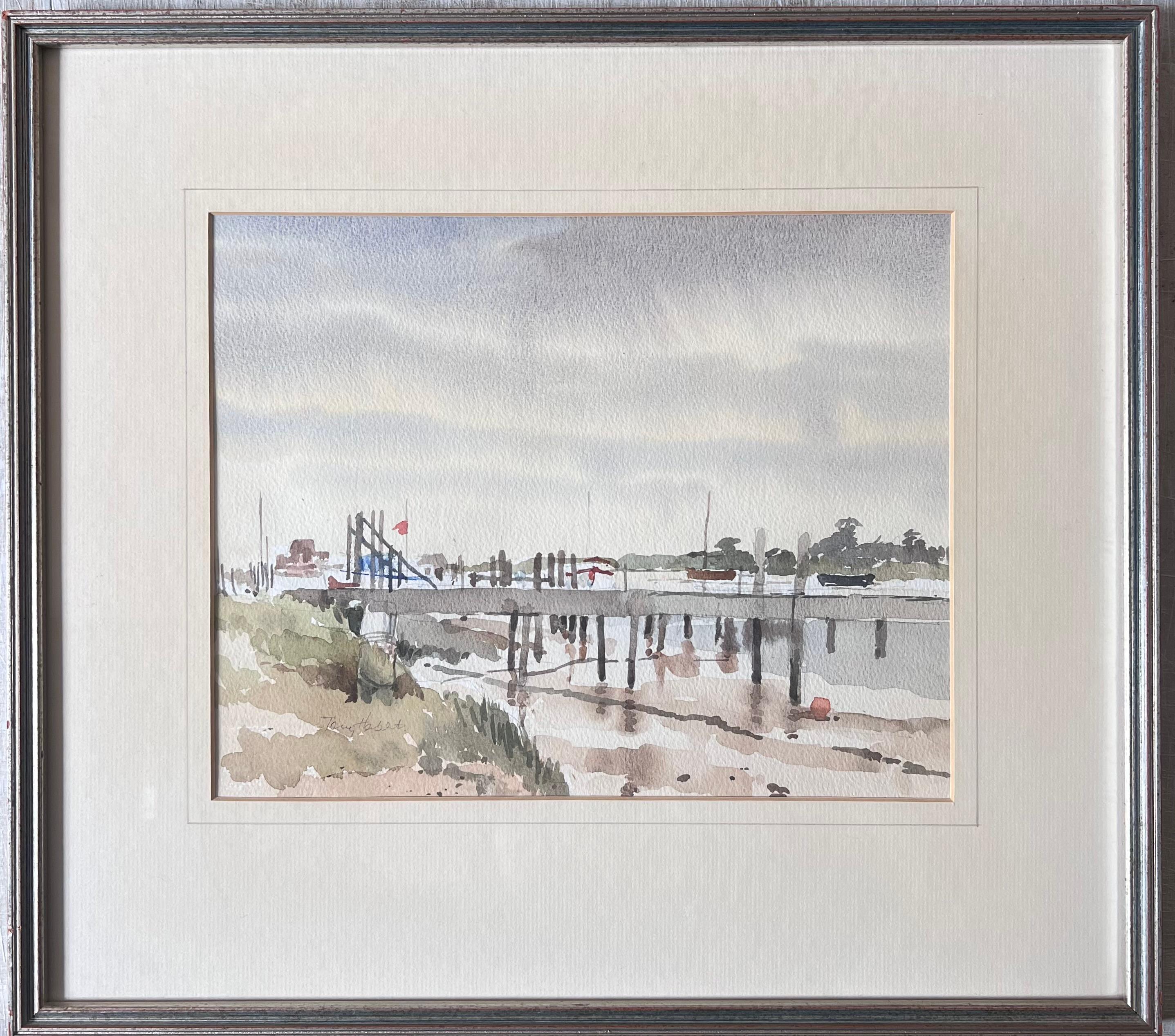 Anthony Herbert Landscape Art - Walberswick Tidal Estuary with a Long Wooden Pier Stretching Across the Mudflats