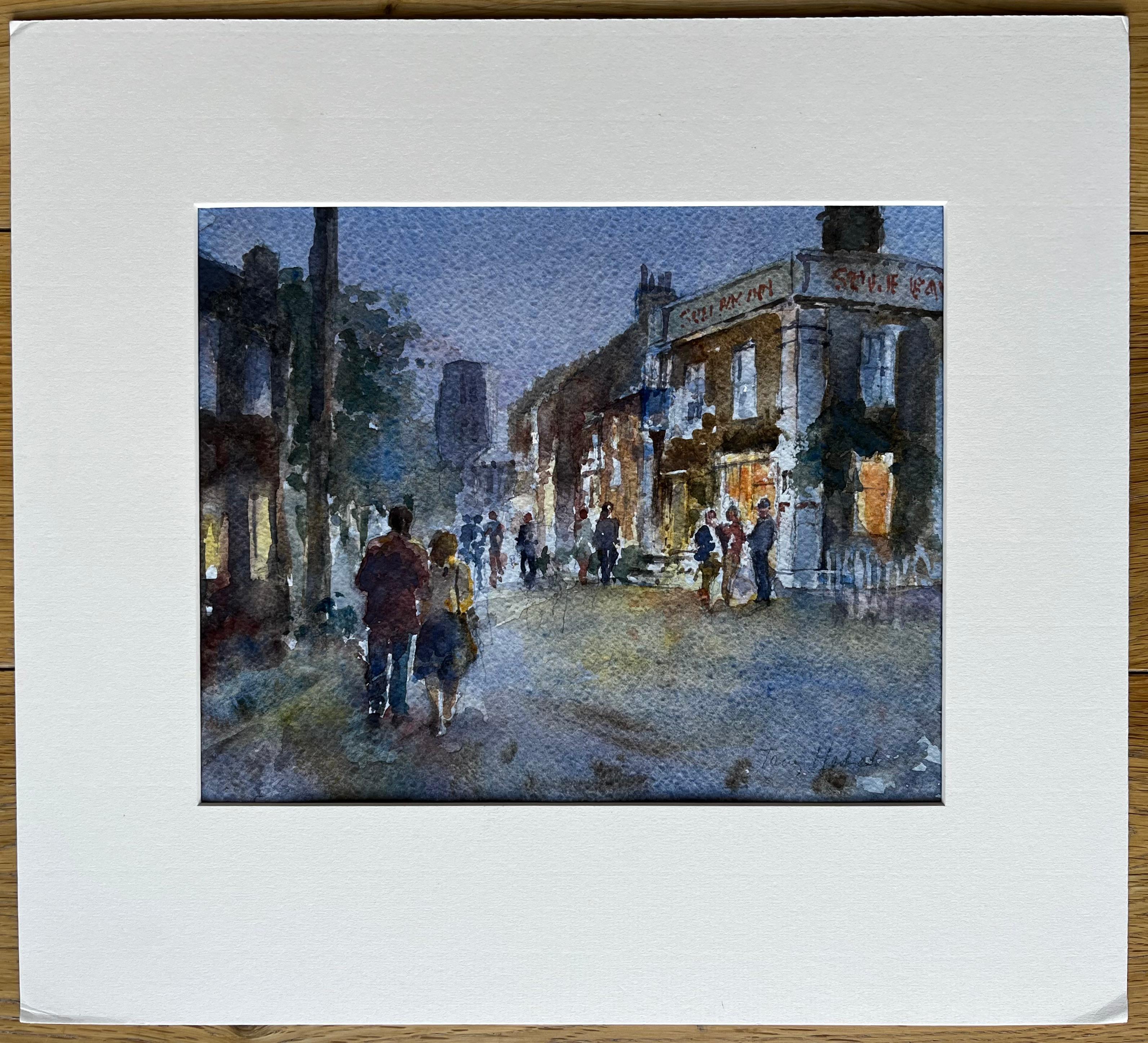 Walking Towards The Sole Bay Inn Southwold Evening Street Scene with Figures - Painting by Anthony Herbert