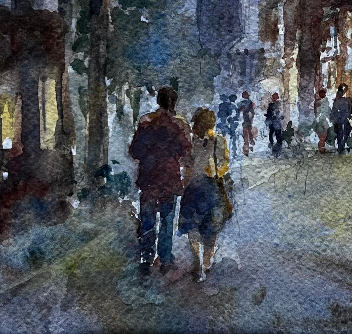 Walking Towards The Sole Bay Inn Southwold Evening Street Scene with Figures - Impressionist Painting by Anthony Herbert