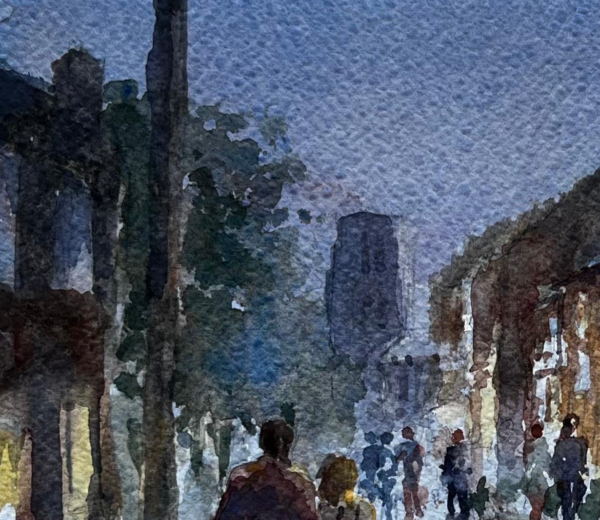 Walking Towards The Sole Bay Inn Southwold Evening Street Scene with Figures - Gray Landscape Painting by Anthony Herbert