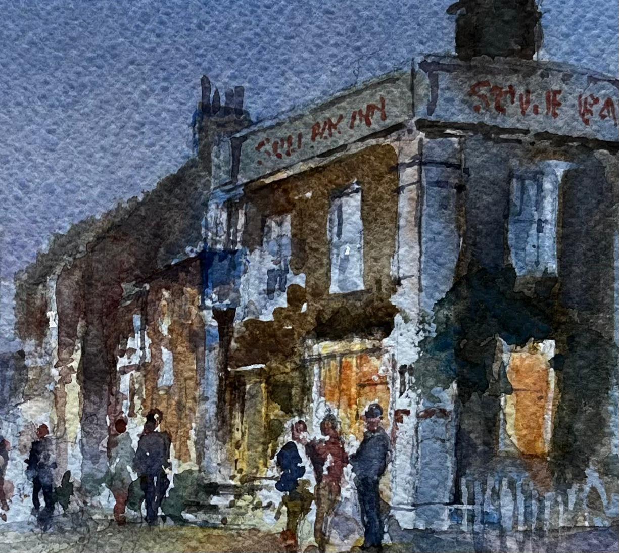 Title: Walking Towards The Sole Bay Inn Southwold Evening Street Scene with Figures
By Tony Herbert (1927-2024)
Signed: Bottom right
Medium: Watercolor on paper, mounted
Size: 13.5 inches (height) x 15 inches (width)
Condition: good, with some signs