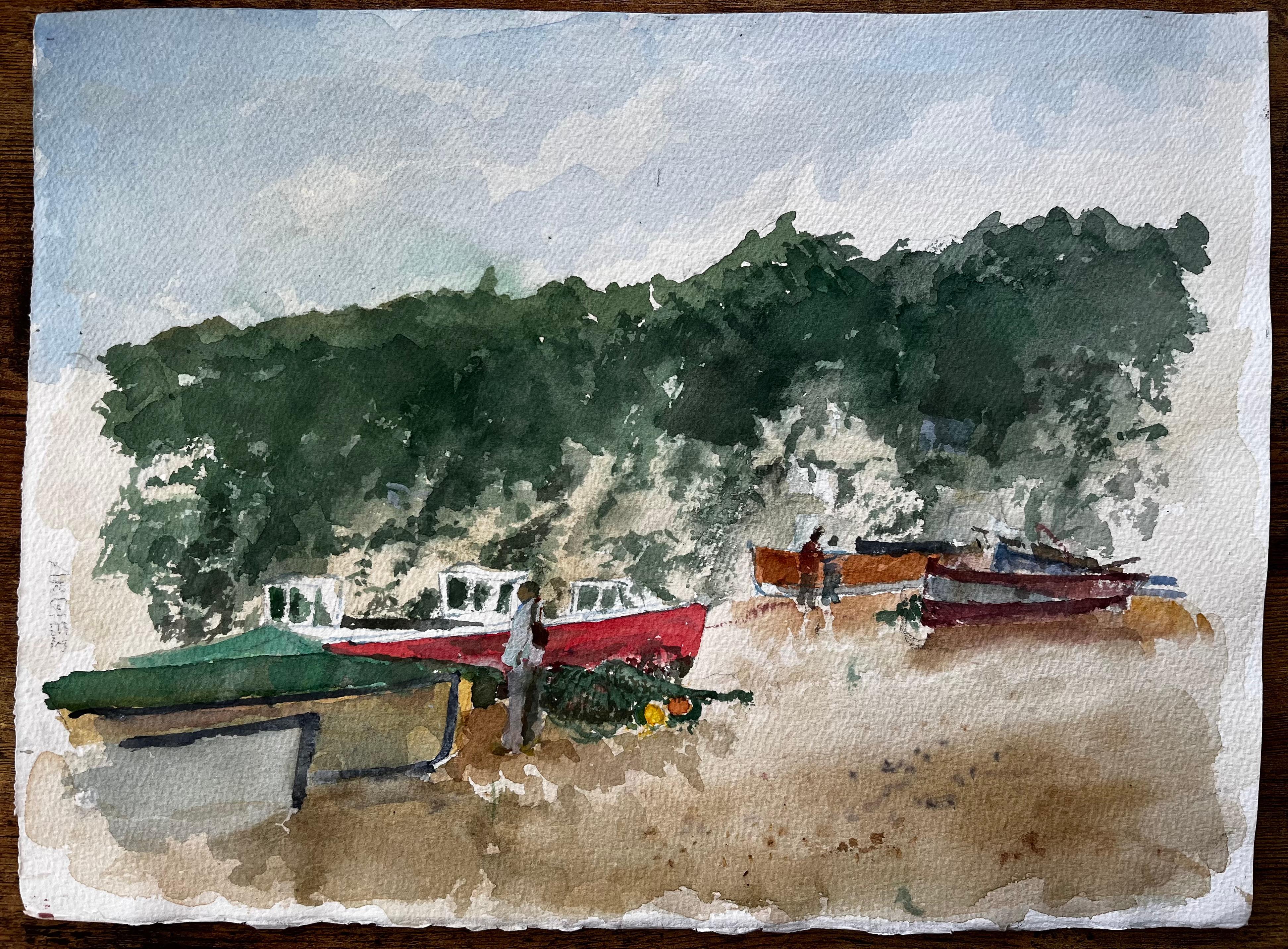 Aquarell von Beer East Devon Fischerstrand mit Booten, Klippen und Figuren – Painting von Anthony Herbert