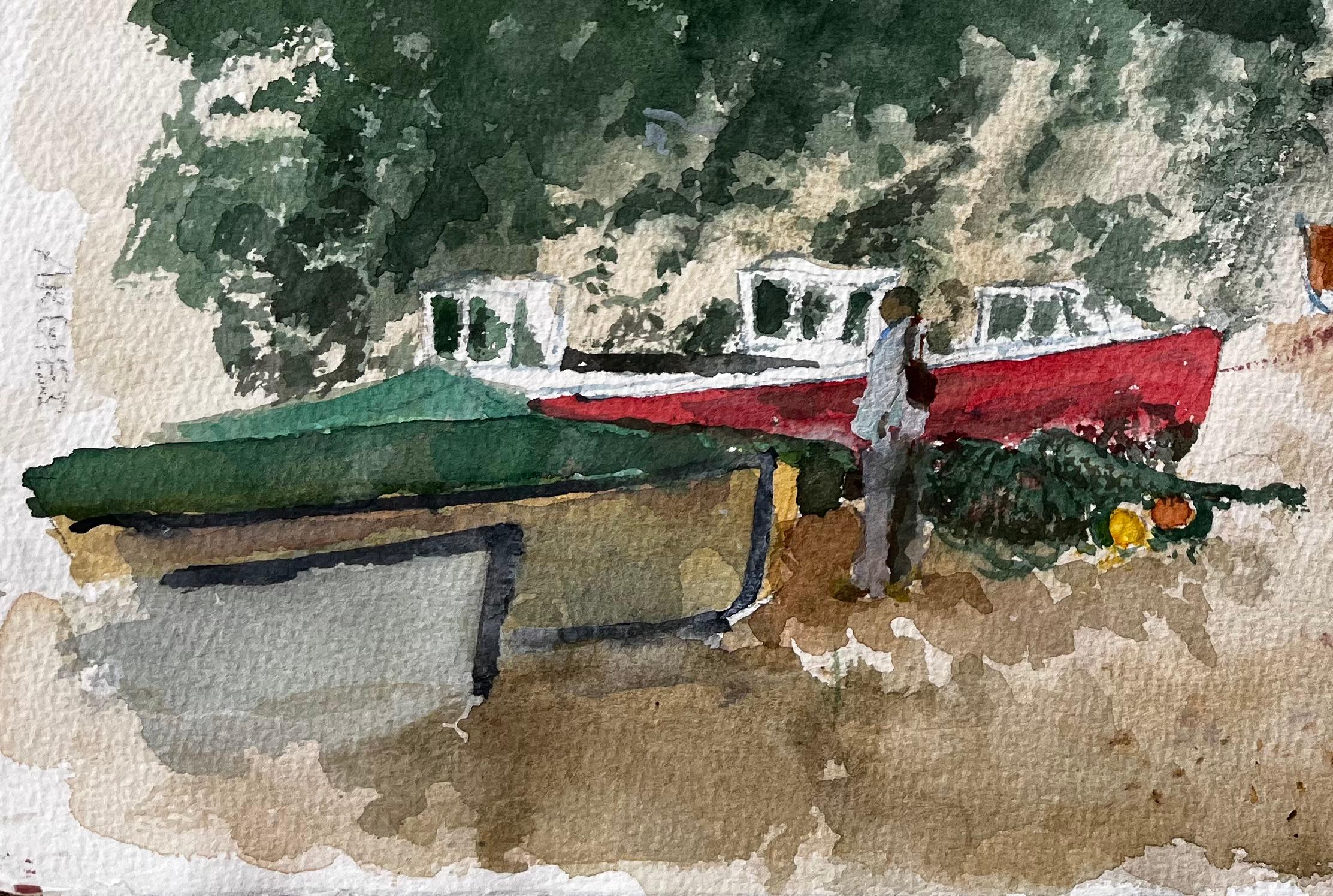 Aquarell von Beer East Devon Fischerstrand mit Booten, Klippen und Figuren (Impressionismus), Painting, von Anthony Herbert