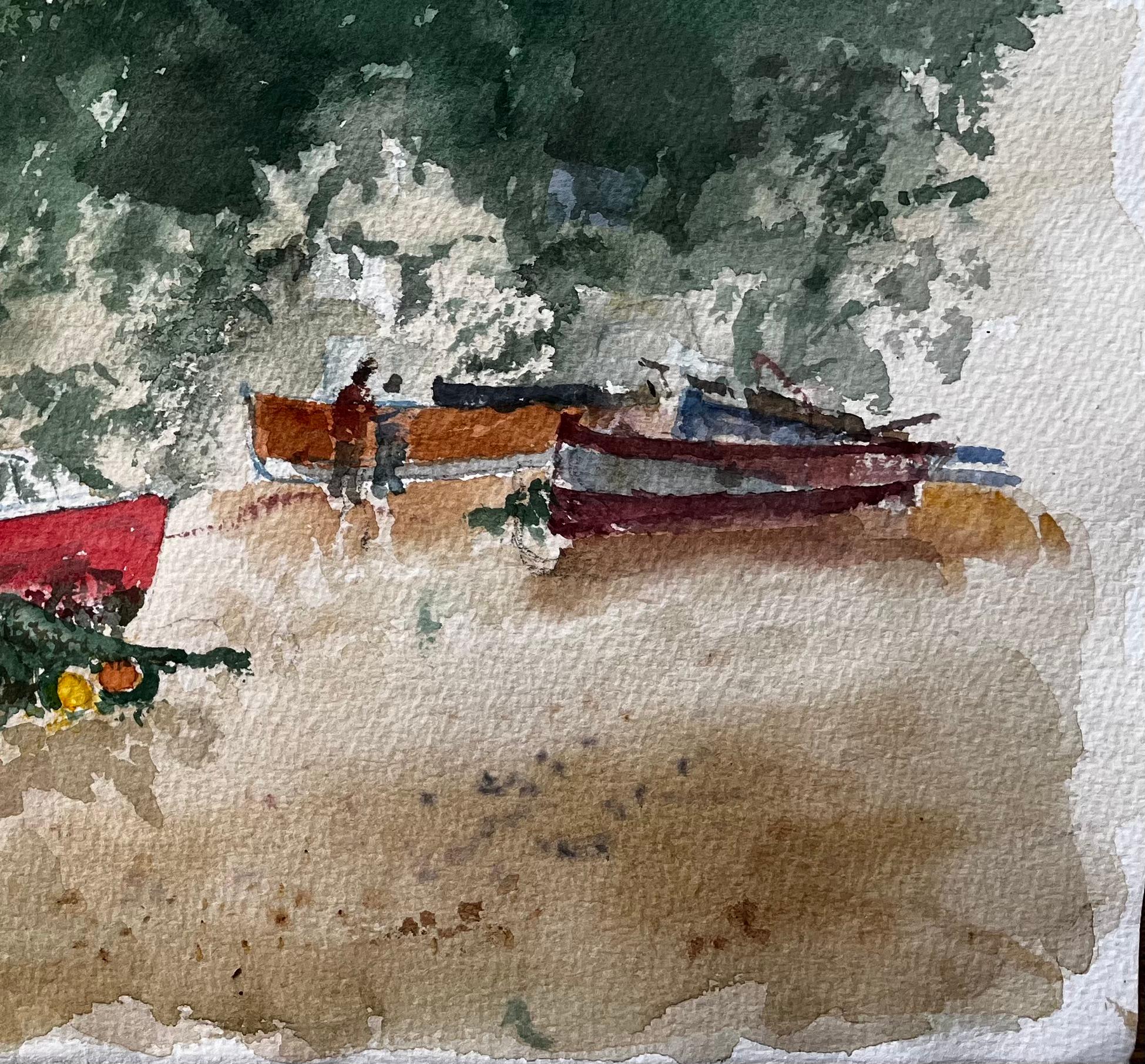 Titel: Aquarell von Beer East Devon Fischerstrand mit Booten, Klippen und Figuren
Von Tony Herbert (1927-2024)
Medium: Aquarell auf Künstlerpapier
Größe: 11 x 15 Zoll
Anmerkung auf der Rückseite: 