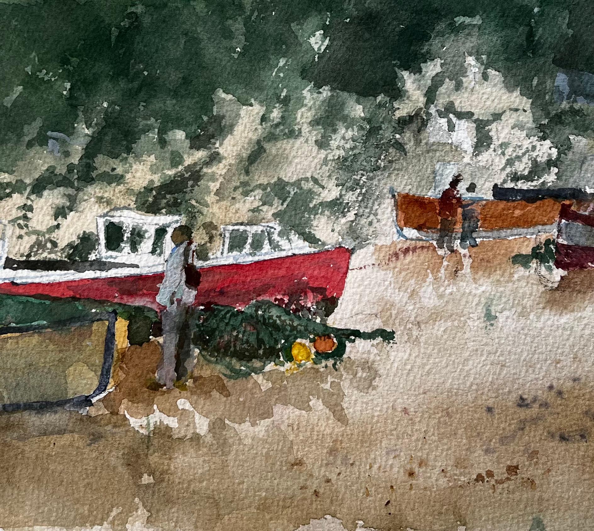 Aquarell von Beer East Devon Fischerstrand mit Booten, Klippen und Figuren im Angebot 1