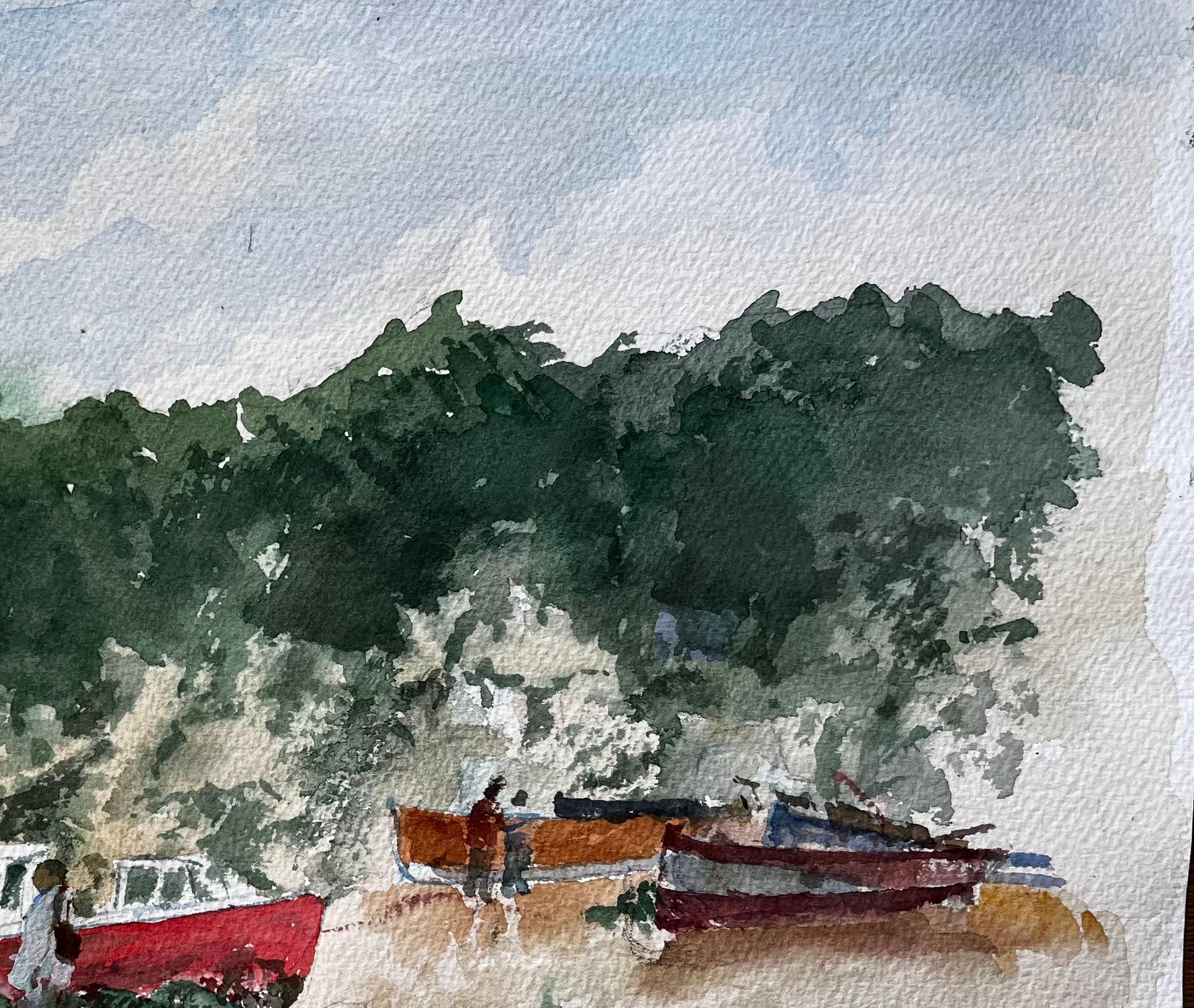 Aquarell von Beer East Devon Fischerstrand mit Booten, Klippen und Figuren im Angebot 2