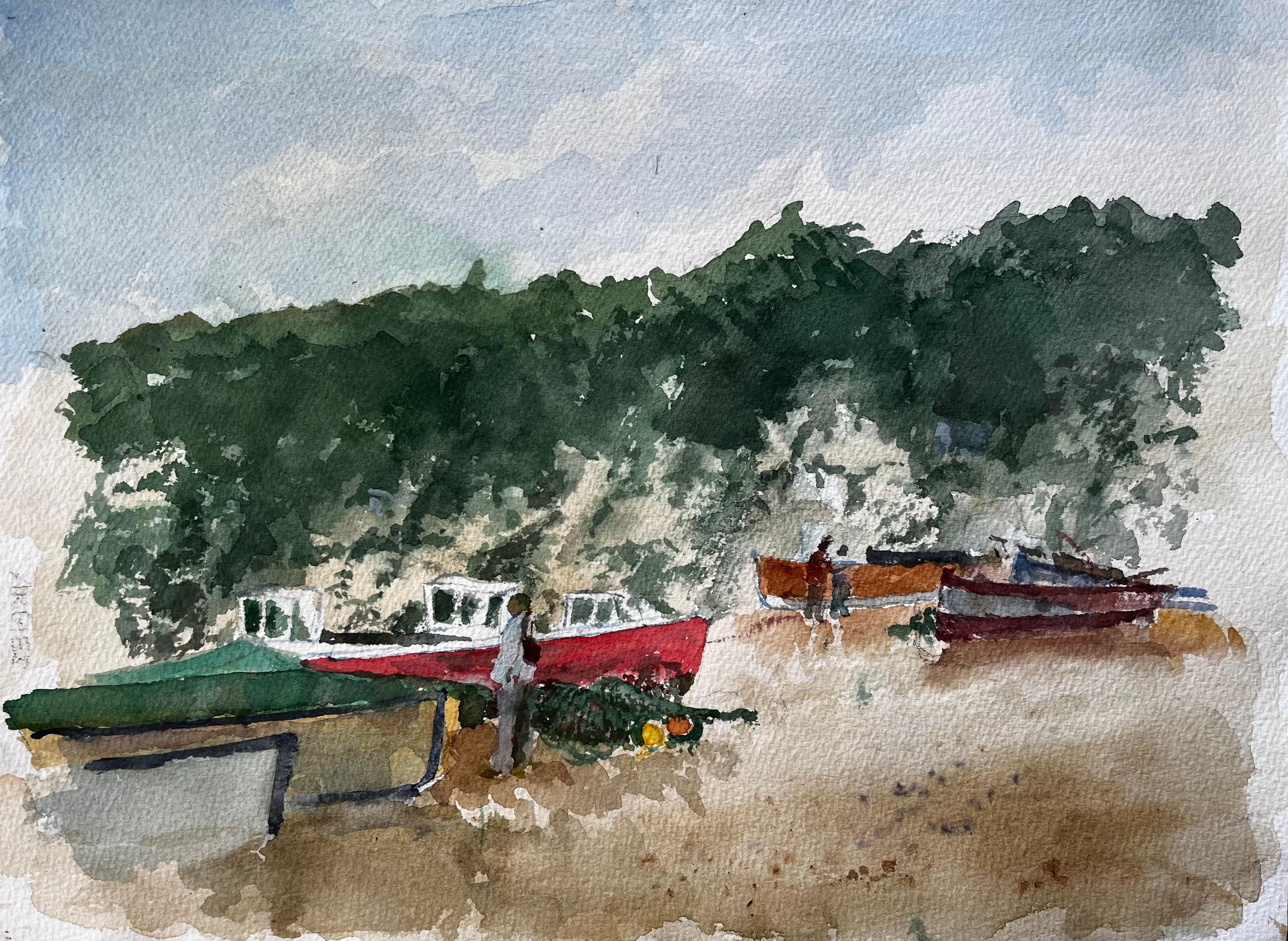 Aquarelle de la plage de pêche de Beer East Devon avec bateaux, falaises et personnages