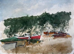 Watercolour of Beer East Devon Fishing Beach with Boats, Cliffs and Figures