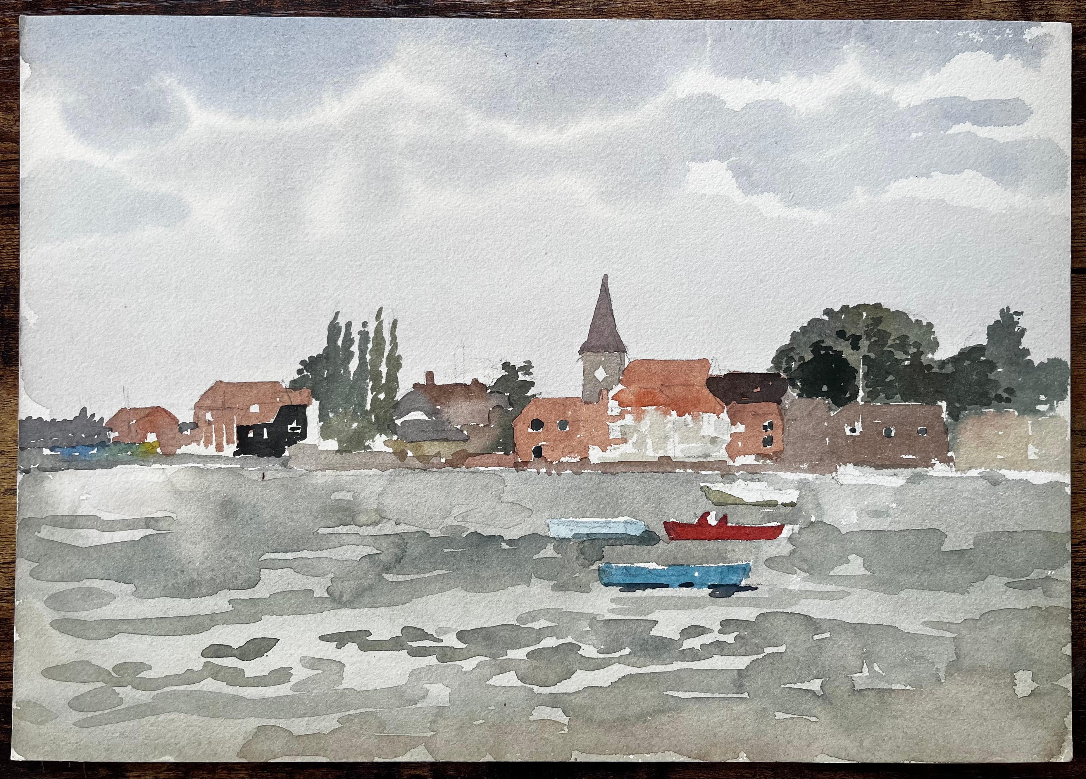 Dorfszene am Wasser mit Booten und Church Bosham Sussex 1970er Jahre Aquarell – Art von Anthony Herbert