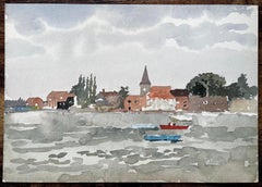 Waterside Village Scene with Boats and Church Bosham Sussex 1970s Watercolour