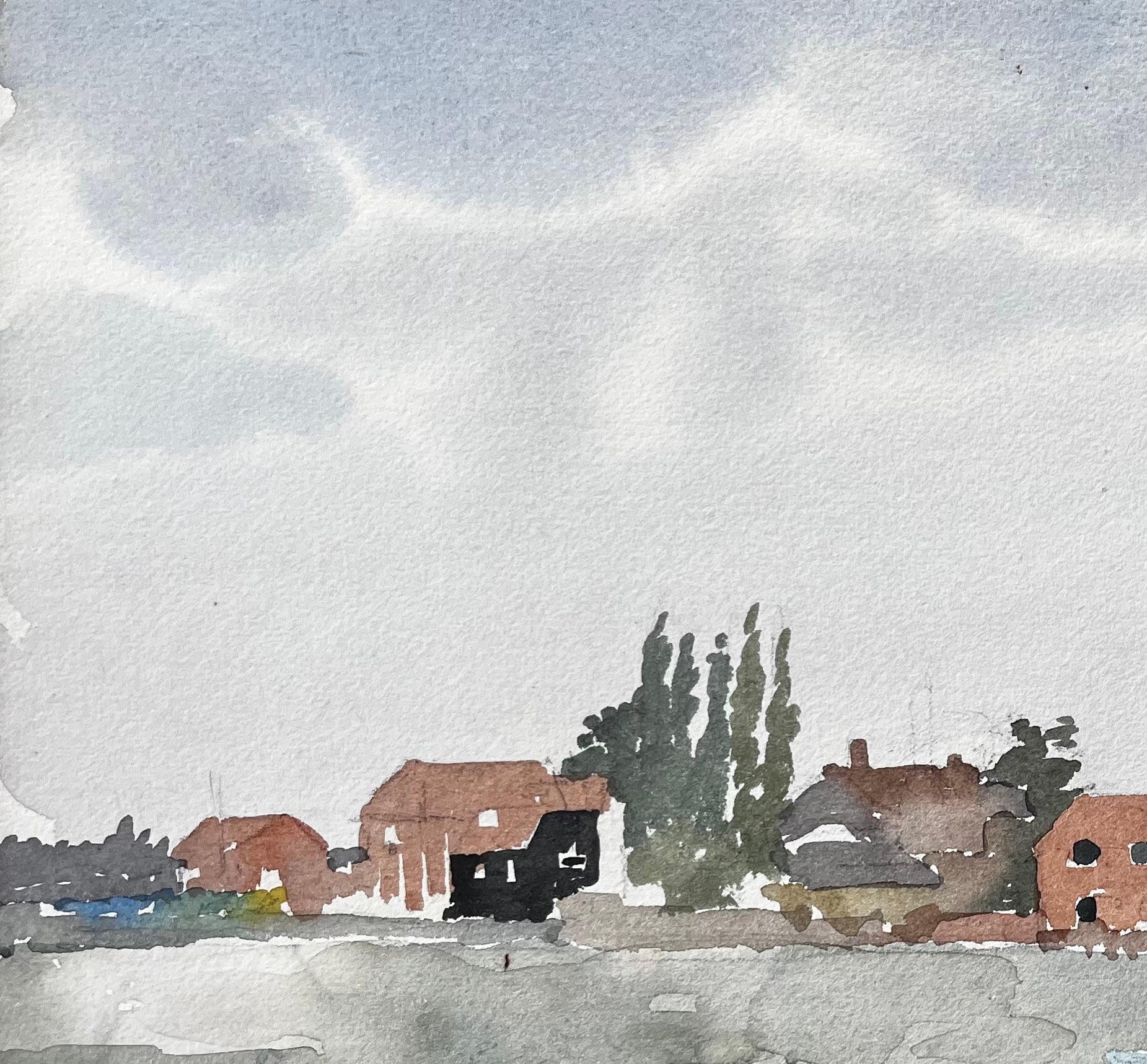 Dorfszene am Wasser mit Booten und Church Bosham Sussex 1970er Jahre Aquarell (Impressionismus), Art, von Anthony Herbert