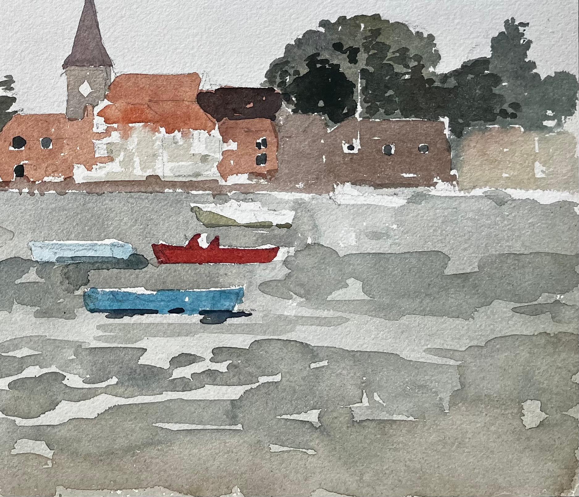 Dorfszene am Wasser mit Booten und Church Bosham Sussex 1970er Jahre Aquarell im Angebot 1