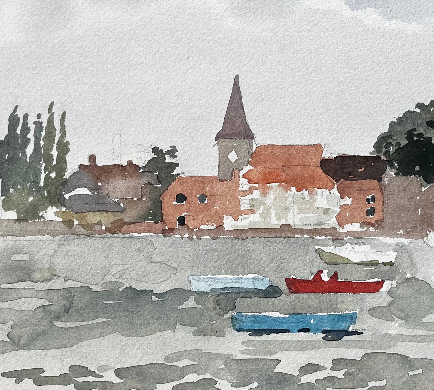 Dorfszene am Wasser mit Booten und Church Bosham Sussex 1970er Jahre Aquarell im Angebot 2
