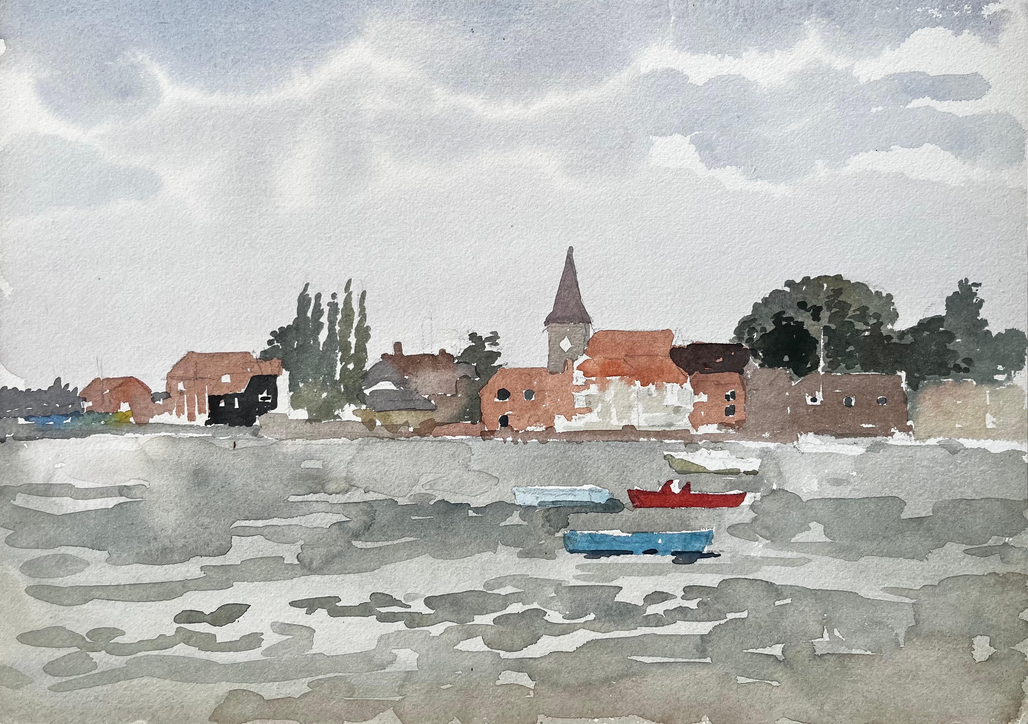 Anthony Herbert Landscape Art – Dorfszene am Wasser mit Booten und Church Bosham Sussex 1970er Jahre Aquarell