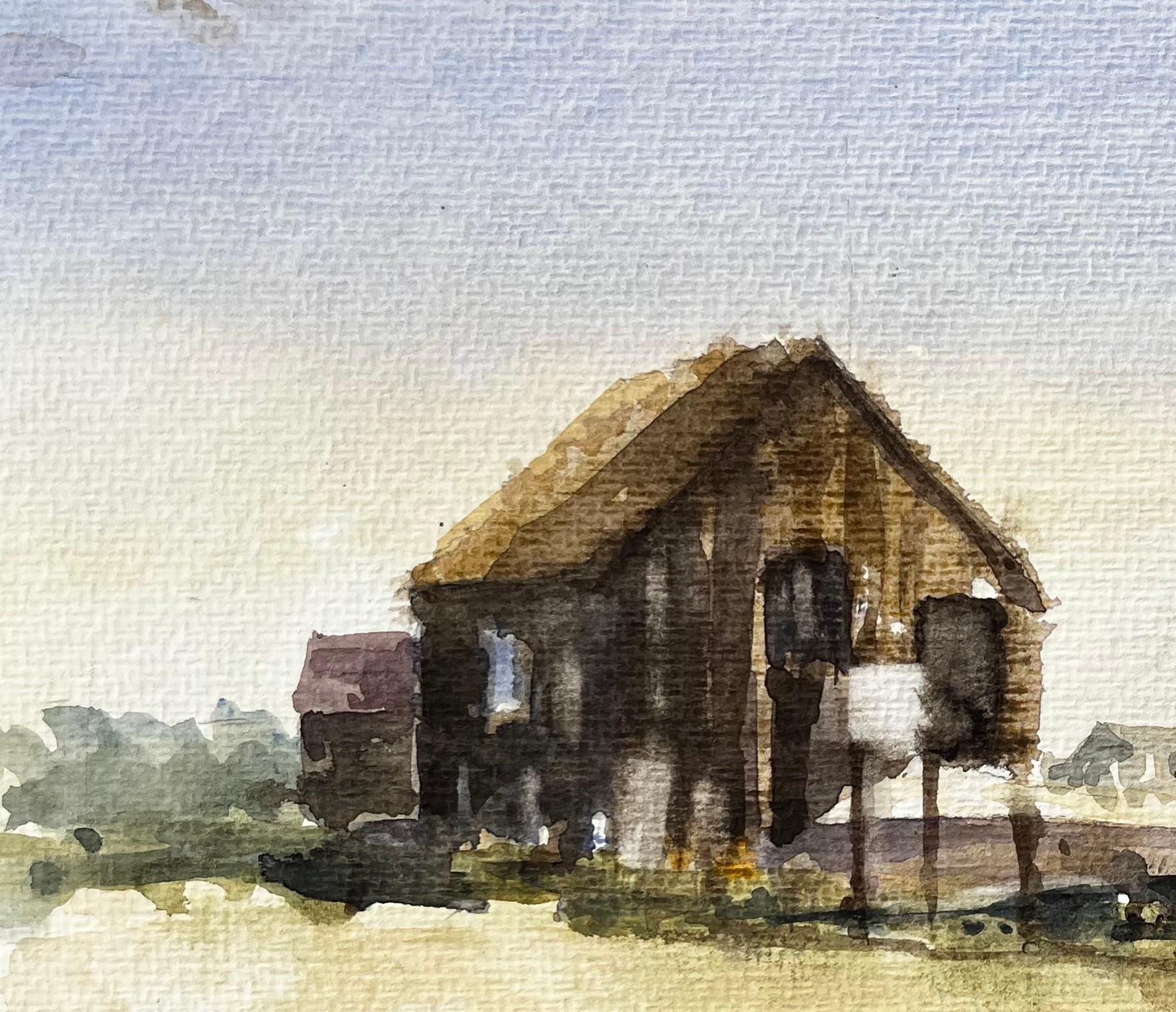 Verwittertes Küstenbootshaus mit Fischerbooten und Dünen Aquarellmalerei (Impressionismus), Art, von Anthony Herbert