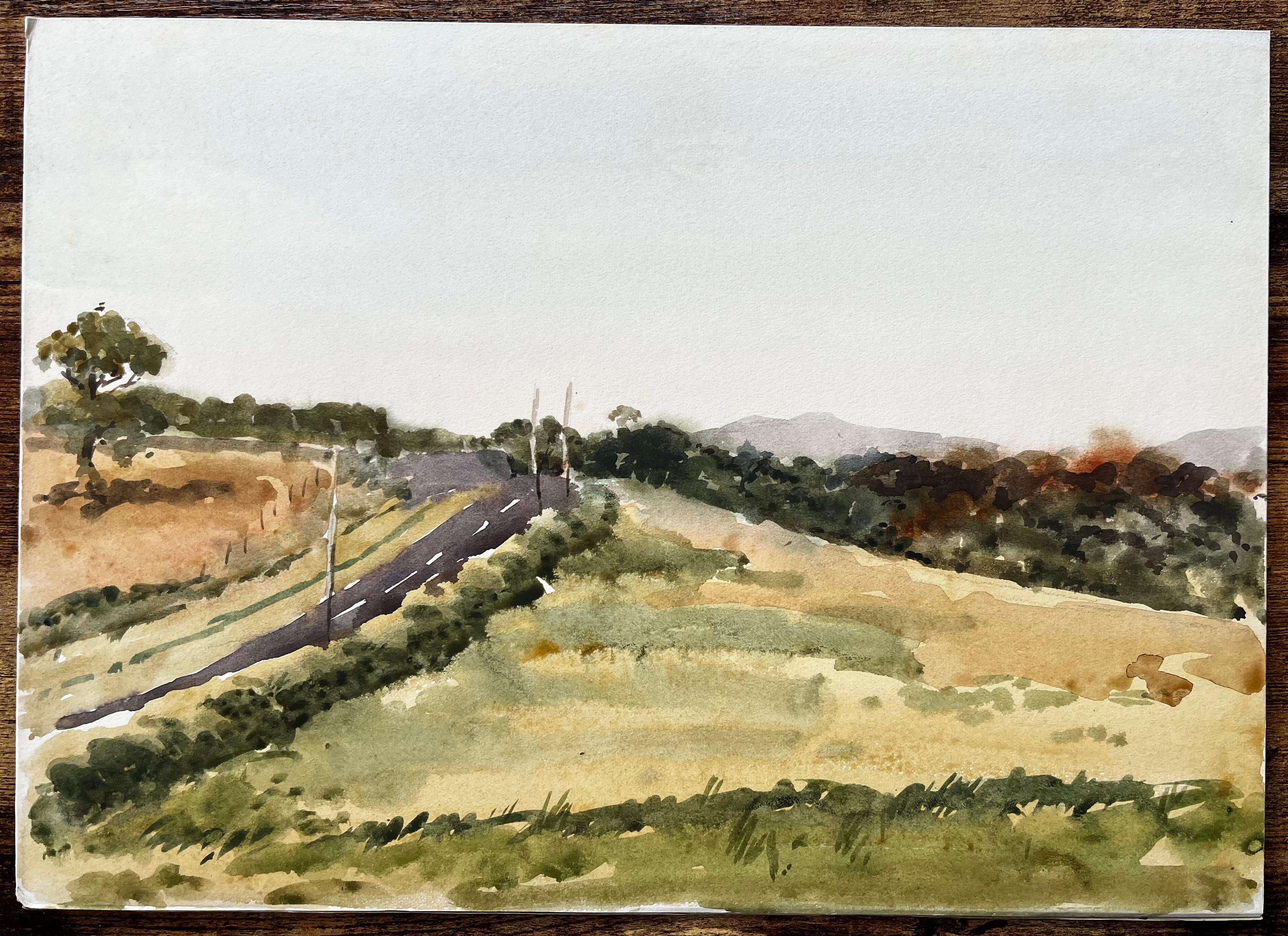 Walisische Straße und Hügellandschaft Sommerlandschaft Nordwales 1976 Aquarell – Painting von Anthony Herbert