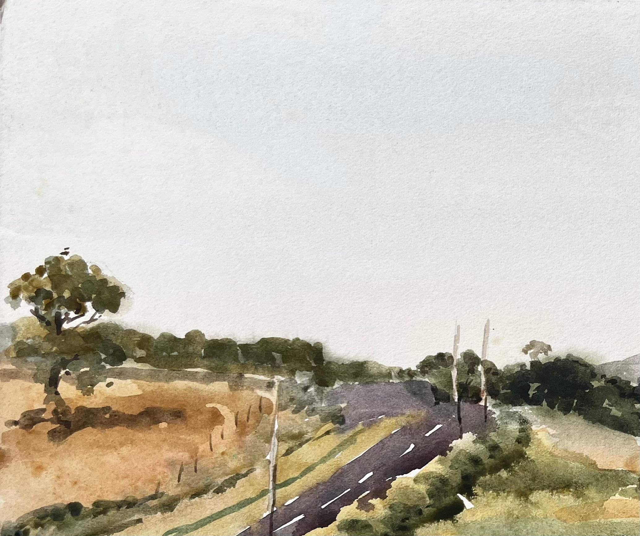 Walisische Straße und Hügellandschaft Sommerlandschaft Nordwales 1976 Aquarell (Impressionismus), Painting, von Anthony Herbert