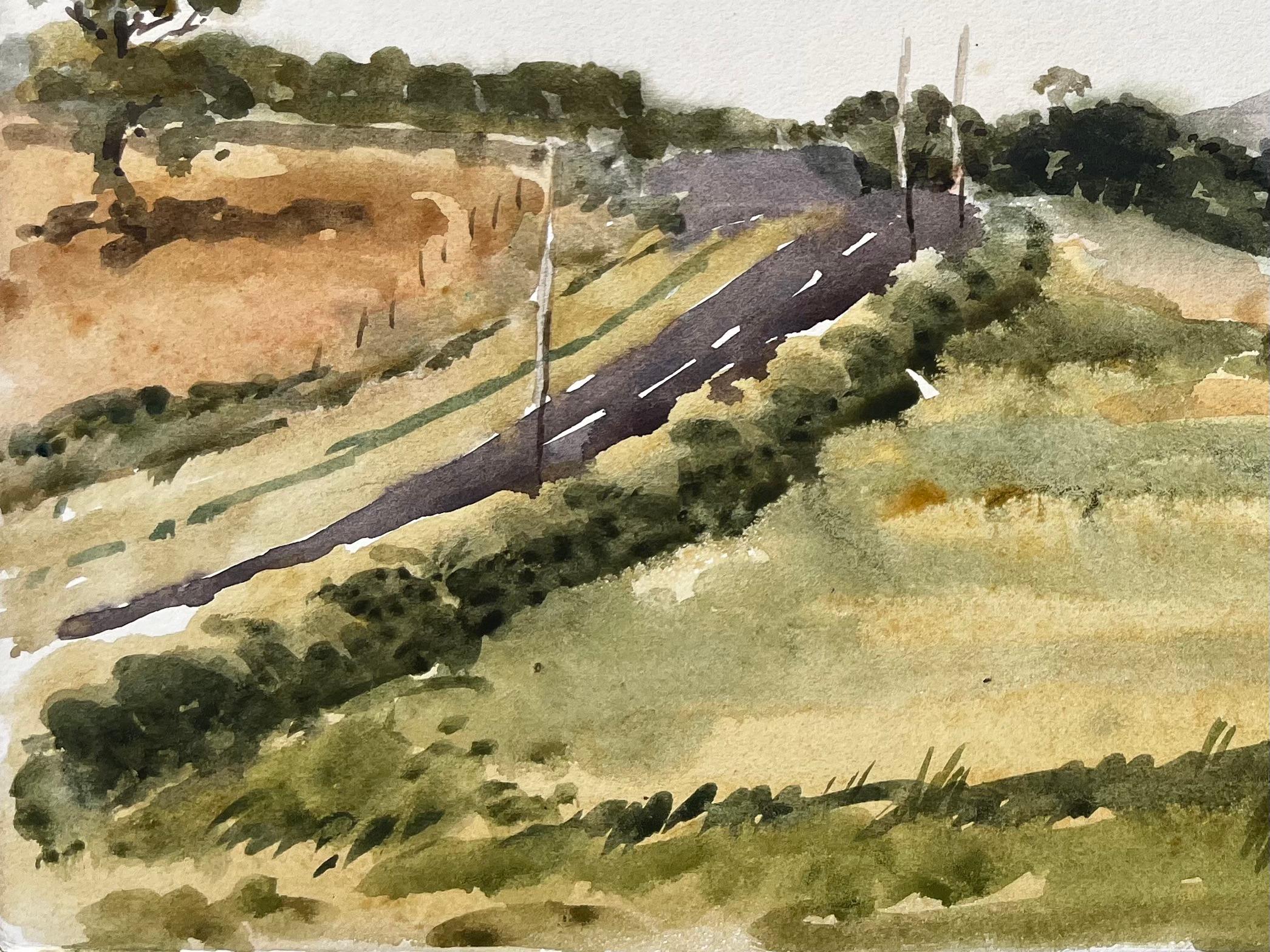 Walisische Straße und Hügellandschaft Sommerlandschaft Nordwales 1976 Aquarell (Beige), Landscape Painting, von Anthony Herbert