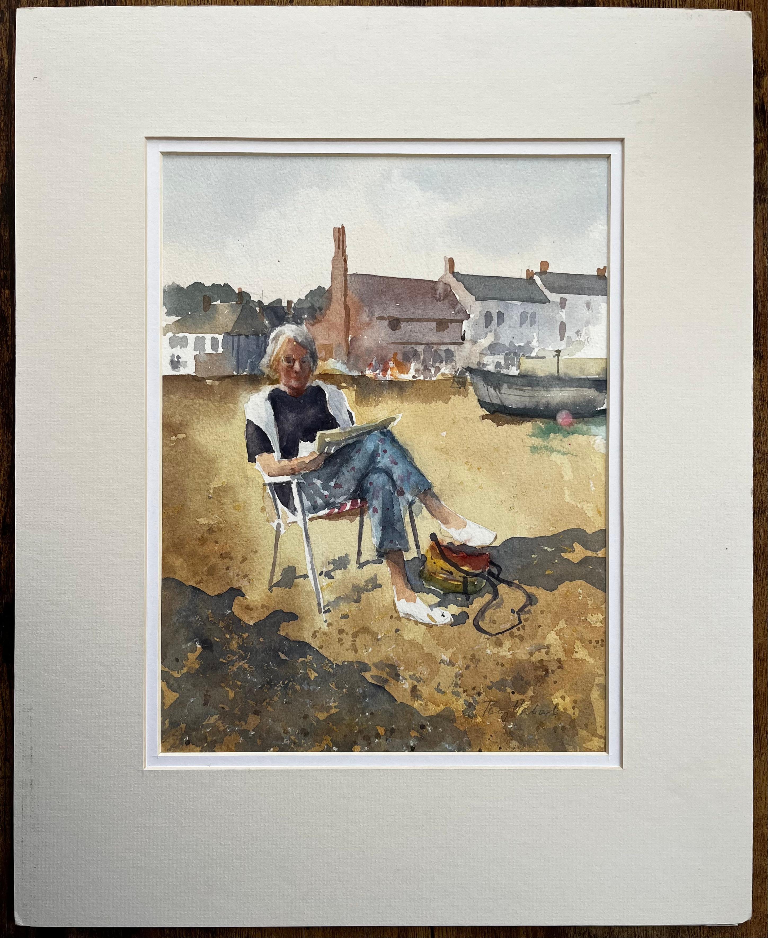 Woman Sketching on the Beach Aldeburgh Suffolk Seaside Watercolor - Painting by Anthony Herbert