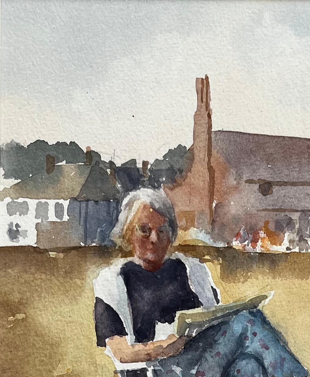 Woman Sketching on the Beach Aldeburgh Suffolk Seaside Watercolor - Impressionist Painting by Anthony Herbert