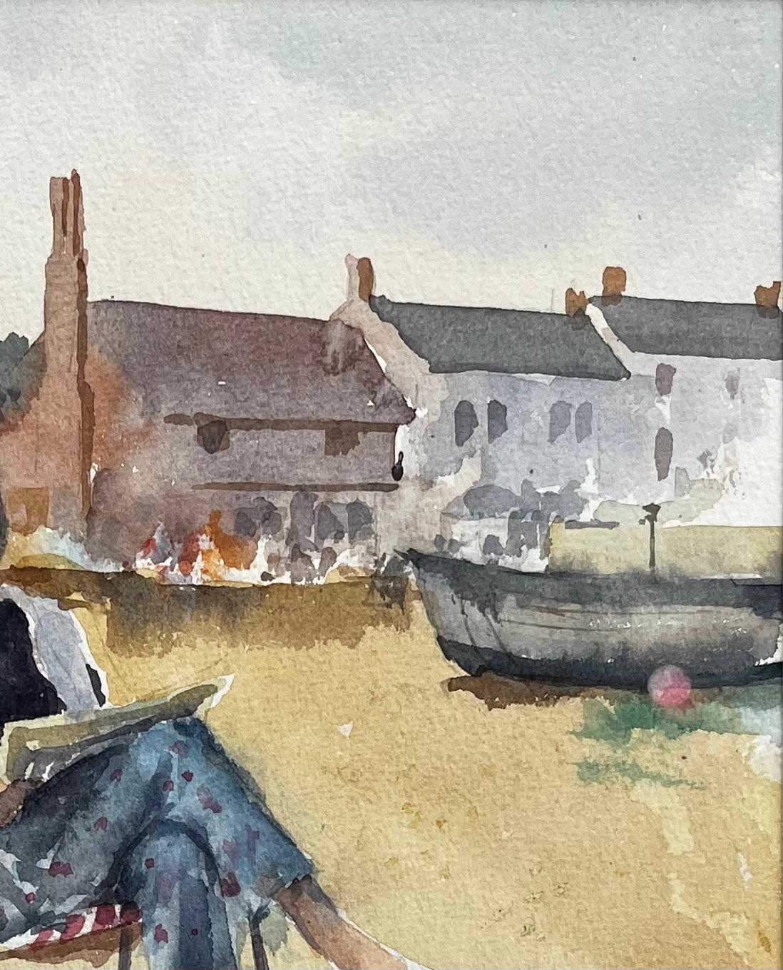 Woman Sketching on the Beach Aldeburgh Suffolk Seaside Watercolor - Brown Figurative Painting by Anthony Herbert