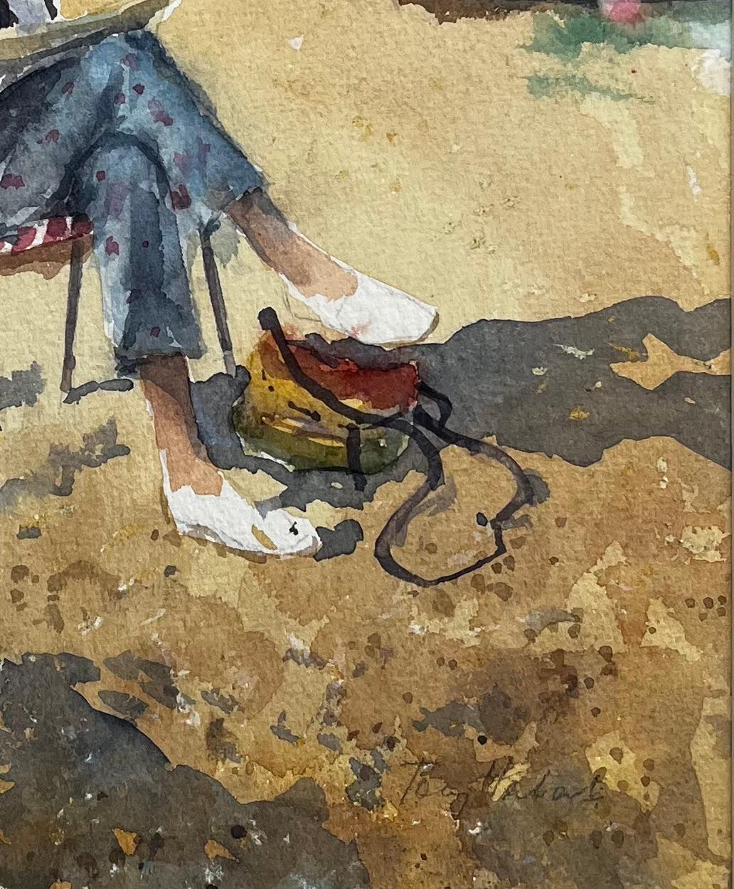 Title: Woman Sketching on the Beach Aldeburgh Suffolk Seaside Watercolor
By Tony Herbert (1927-2024)
Medium: Watercolor on artists paper
Size: 14.75 x 10.75 inches (including mounting: 17.5 (height) x 14.25 (width))
Condition: Good overall; minor