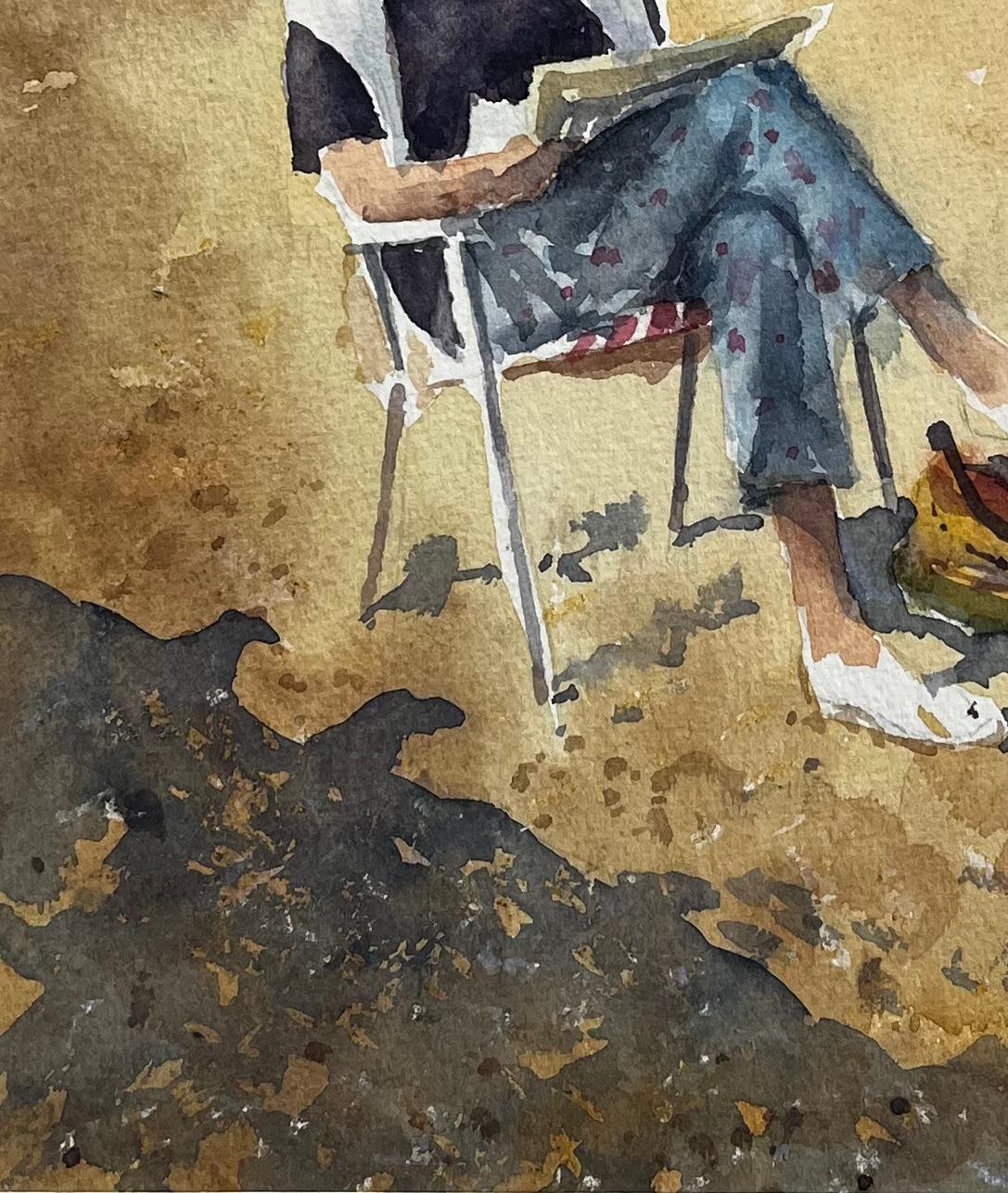 Woman Sketching on the Beach Aldeburgh Suffolk Seaside Watercolor For Sale 1