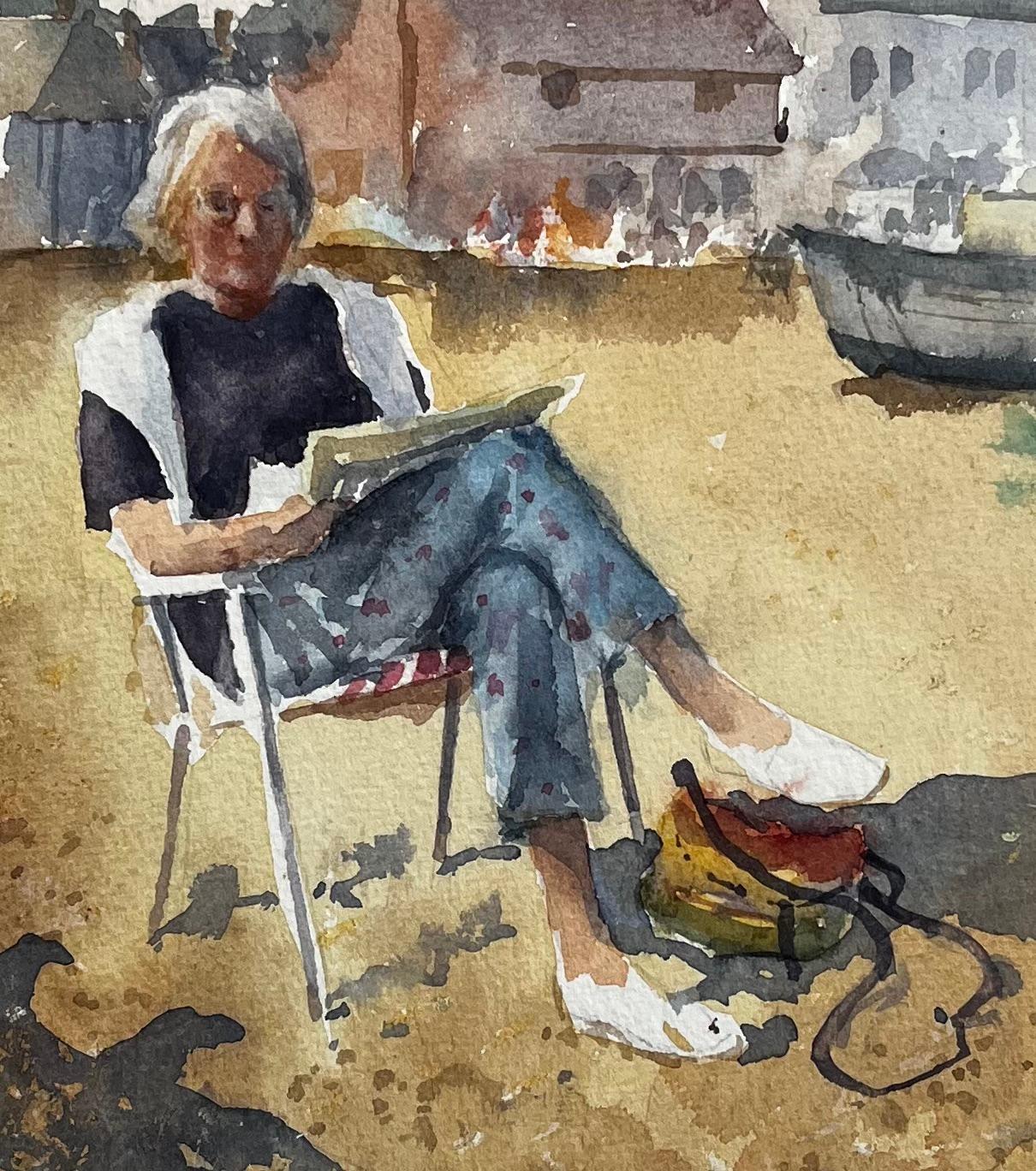 Woman Sketching on the Beach Aldeburgh Suffolk Seaside Watercolor For Sale 2