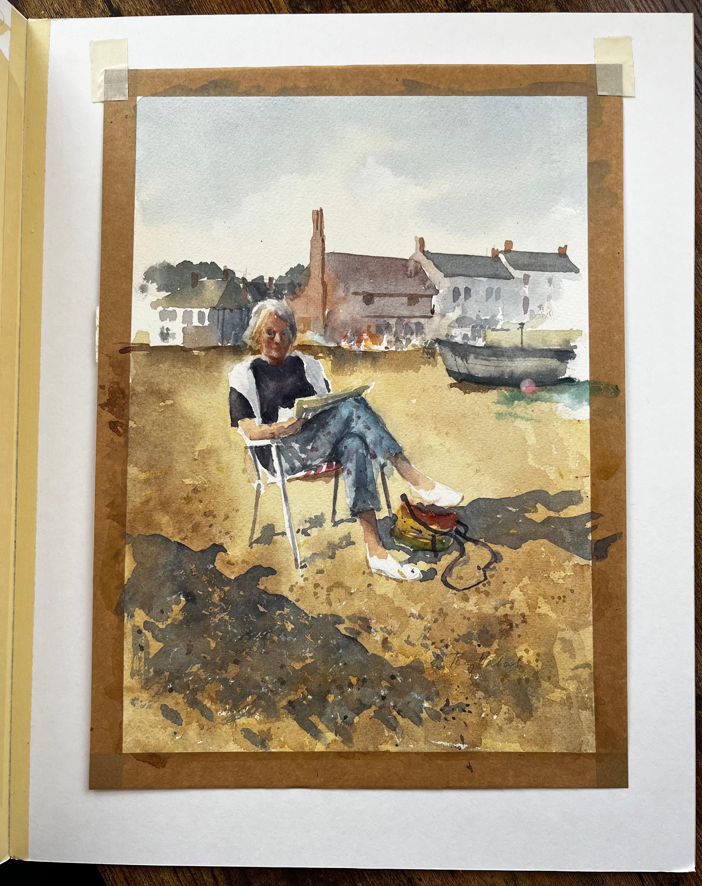 Woman Sketching on the Beach Aldeburgh Suffolk Seaside Watercolor For Sale 3
