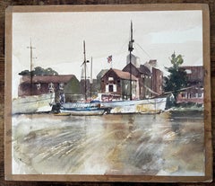 Molino de mareas de Woodbridge Escena fluvial de Suffolk con barcos amarrados Acuarela