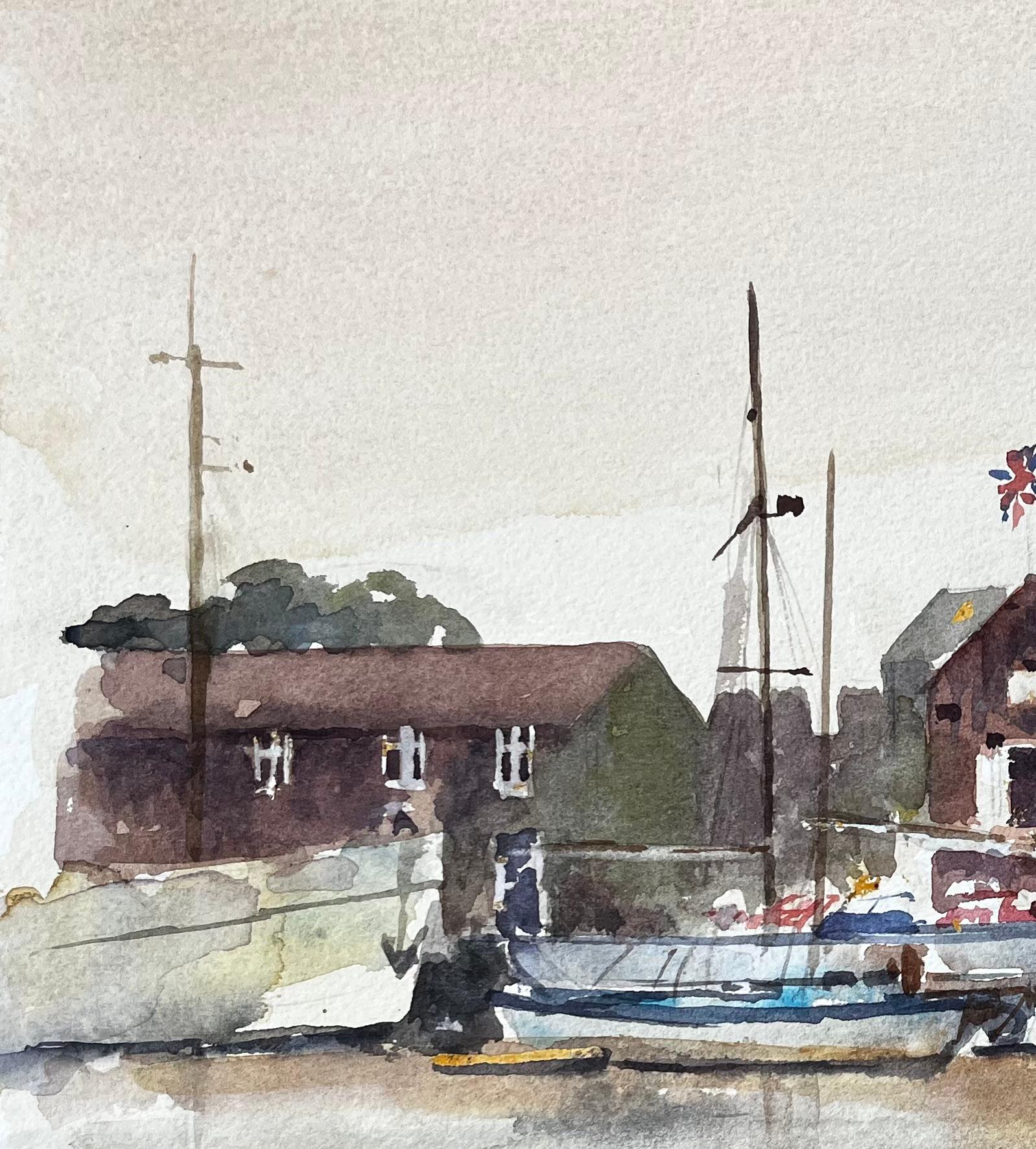 Woodbridge Tide Mill Suffolk Flusslandschaft mit vertäuten Booten Aquarell (Impressionismus), Painting, von Anthony Herbert