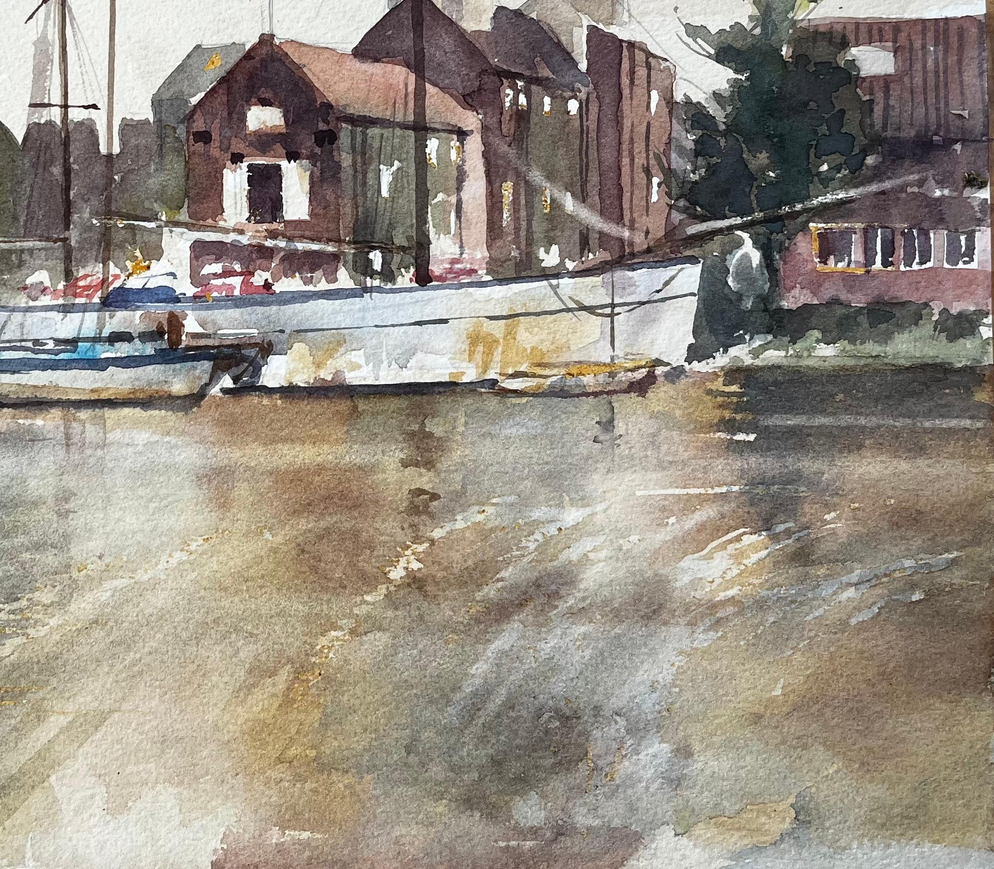 Woodbridge Tide Mill Suffolk Flusslandschaft mit vertäuten Booten Aquarell im Angebot 1