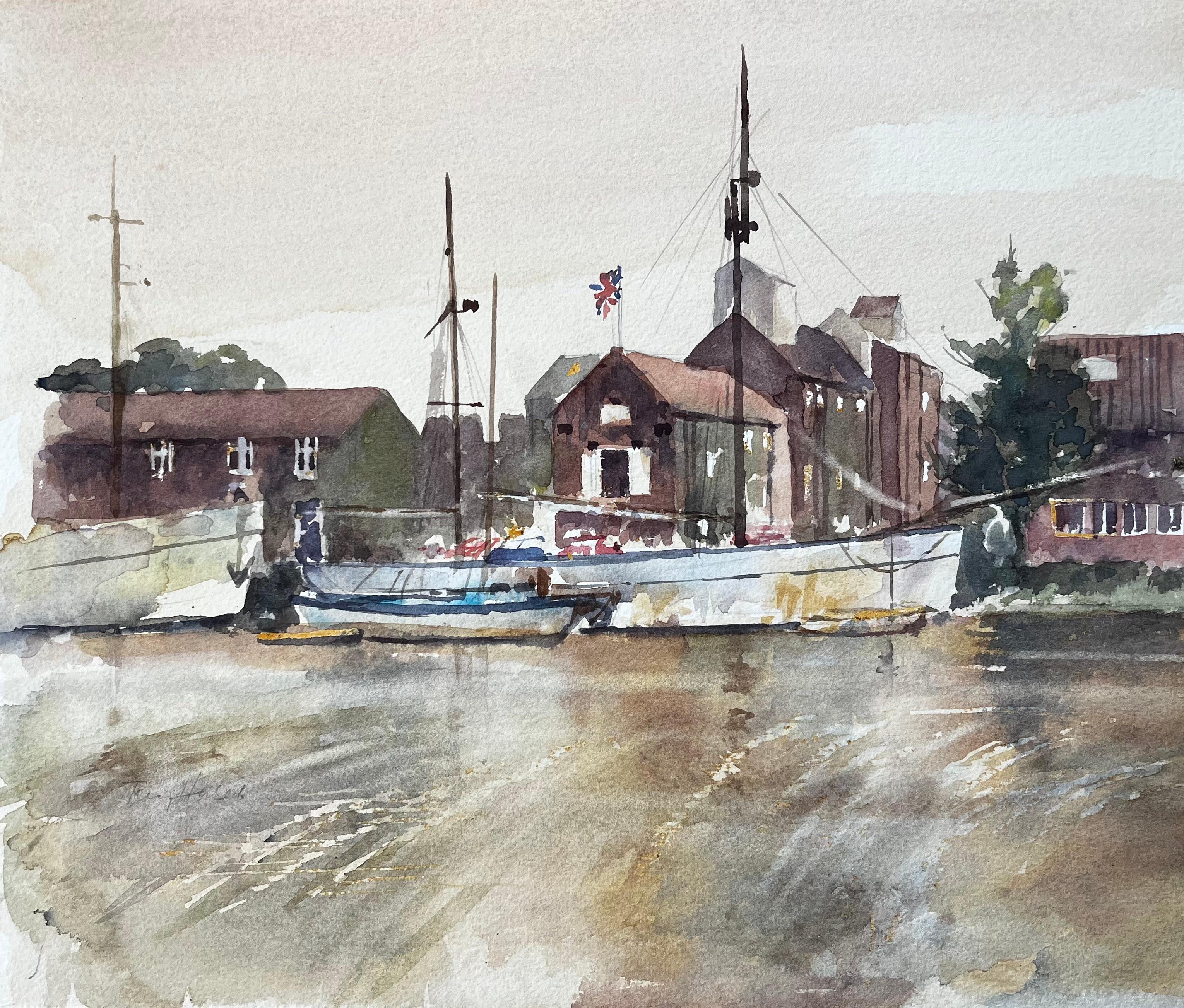 Woodbridge Tide Mill Suffolk River Scene with Moored Boats Watercolor