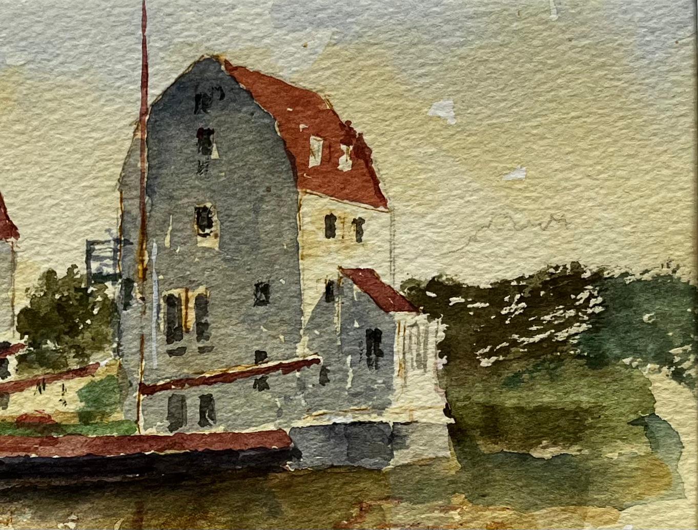 Woodbridge Tide Mill mit vertäuten Lastkähnen und Reflektionen Suffolk Aquarell (Impressionismus), Painting, von Anthony Herbert