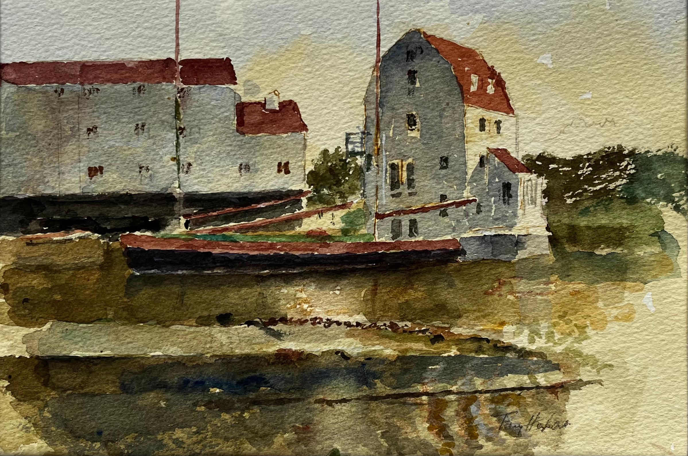 Anthony Herbert Landscape Painting – Woodbridge Tide Mill mit vertäuten Lastkähnen und Reflektionen Suffolk Aquarell