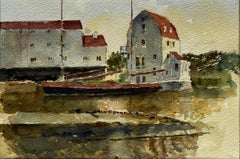 Woodbridge Tide Mill mit vertäuten Lastkähnen und Reflektionen Suffolk Aquarell