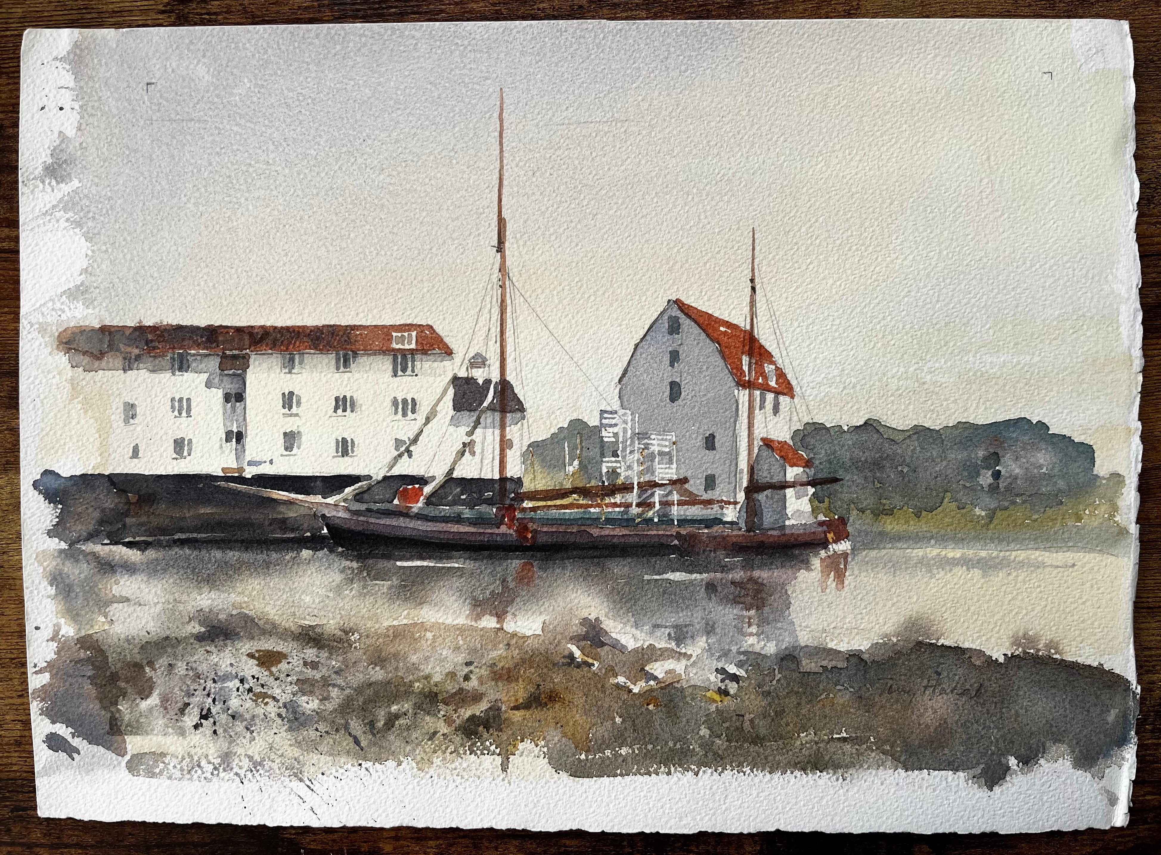Woodbridge Tide Mill mit Thames Sailing Barge Suffolk River Scene – Painting von Anthony Herbert