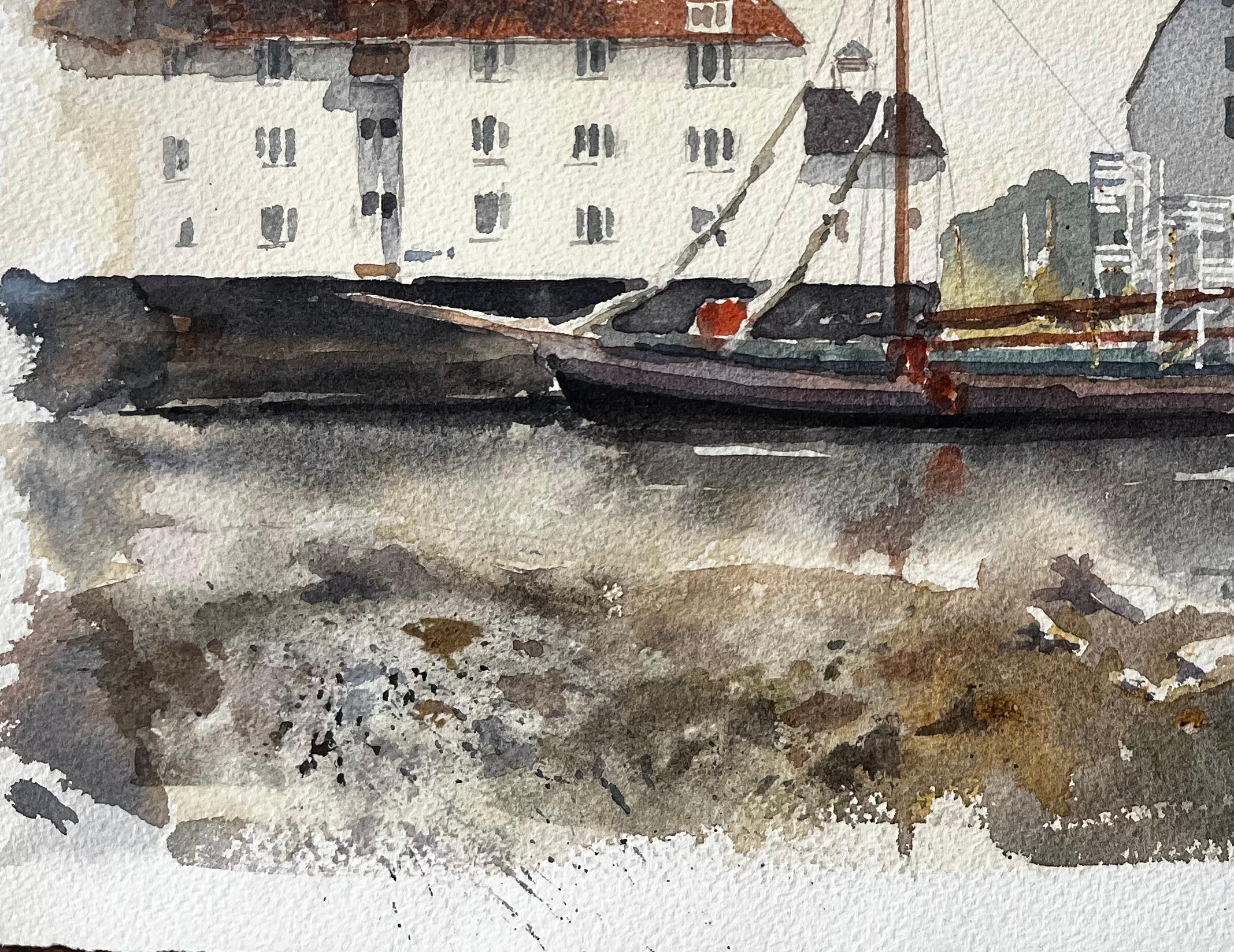 Woodbridge Tide Mill mit Thames Sailing Barge Suffolk River Scene (Grau), Landscape Painting, von Anthony Herbert