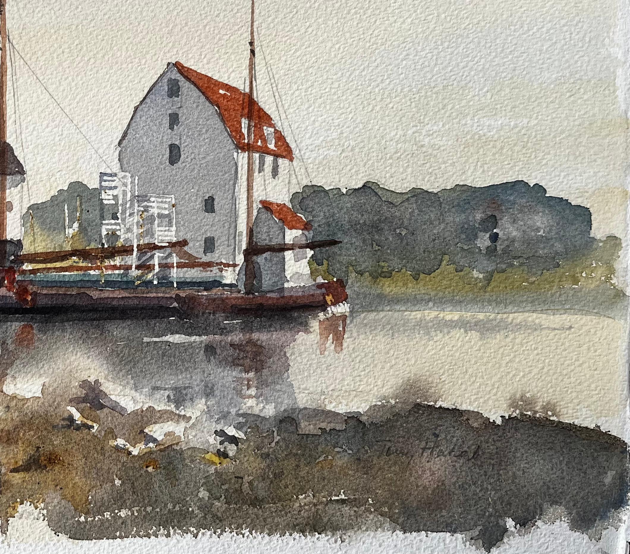 Titel: Woodbridge Tide Mill mit Themse-Segelkahn Suffolk Fluss-Szene
Von Tony Herbert (1927-2024)
Unterzeichnet: Botton rechts
Medium: Aquarell auf Künstlerpapier
Größe: 11,25 x 15,25 Zoll 
Zustand: Insgesamt gut; leichte Abnutzung an den Ecken und