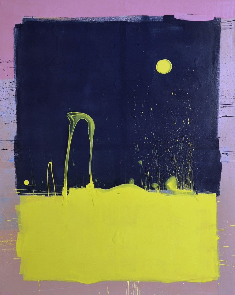 Dark Blue Sky With Yellow Moon Blob Abstract Painting