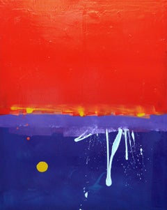 Abstraktes Gemälde mit rotem, rotem und rotem Himmel mit weißem Schnörkeln und gelbem Bügel