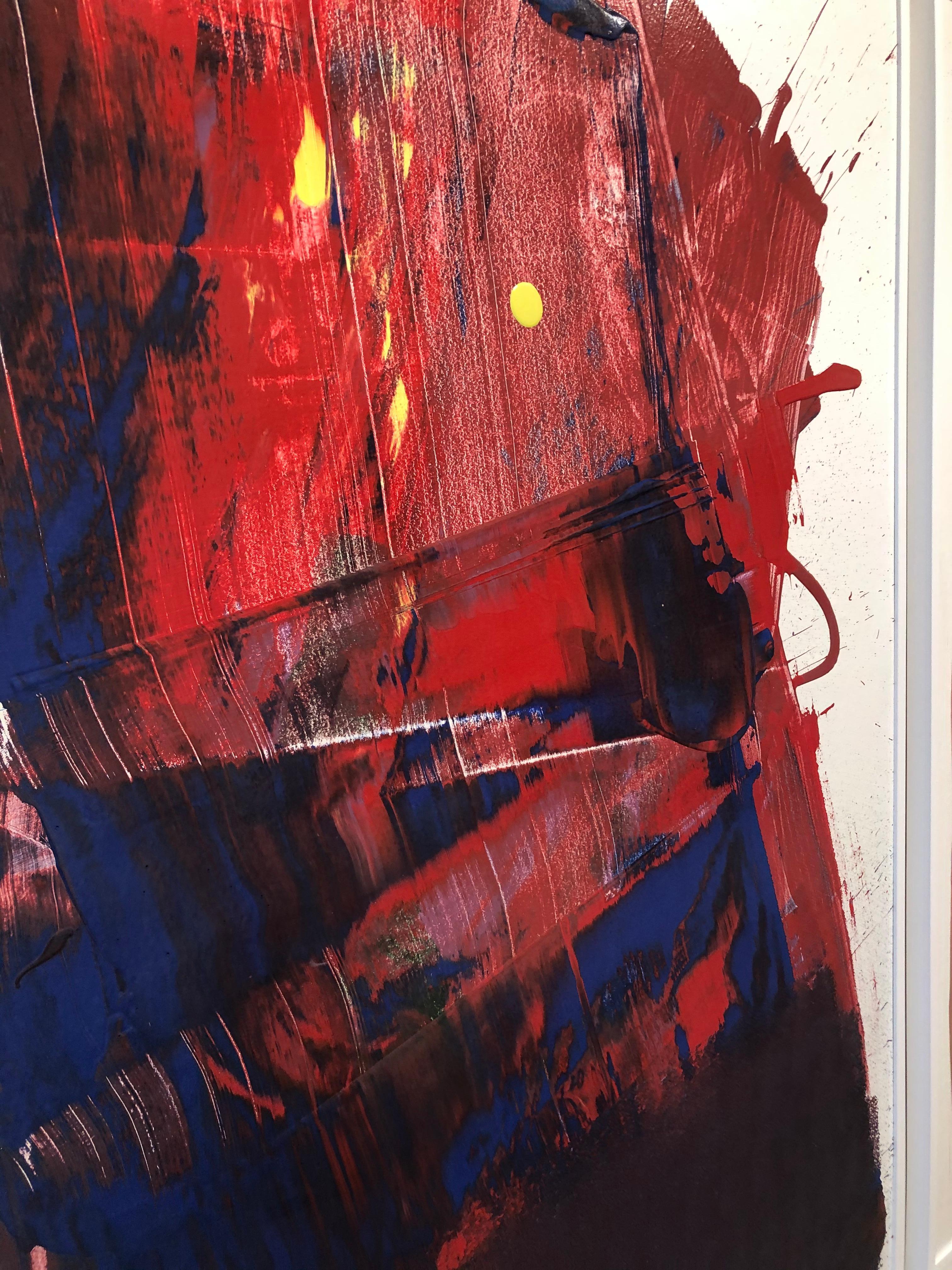 Abstract_Scrape/Drip Painting_Gloss on Canvas_Red/Blue/Yellow_Anthony Hunter For Sale 1